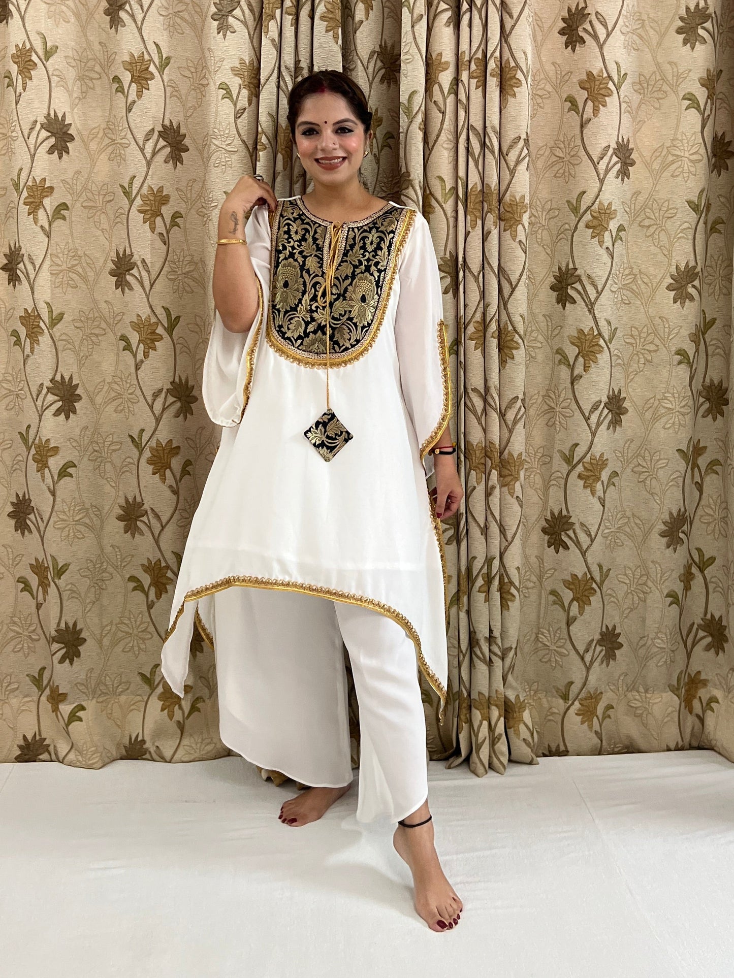 Mannat - White Georgette Designer Suit with Black & Gold Embroidered Yoke | Festive & Party Wear.