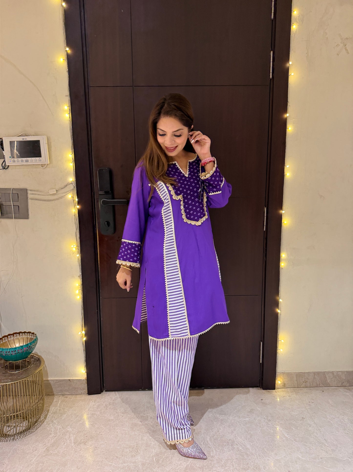 Royal Amethyst Coord Set - Purple Cotton Kurta Set with Stripe Detailing & bandhani Neckline