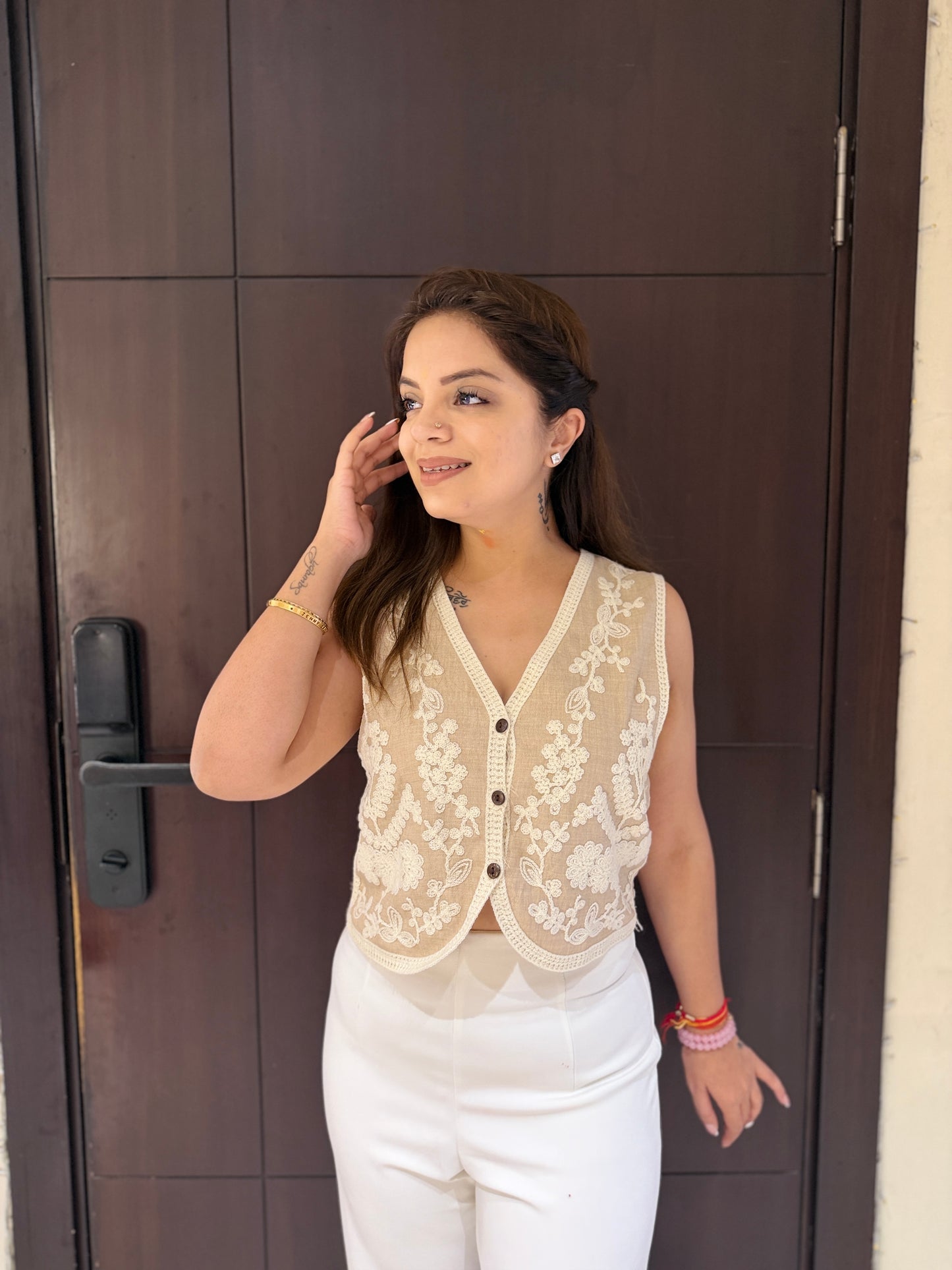 Ivory Lenin Bloom Layer Waist Coat - Ivory Sheer Embroidered Layering Waist Coat with Delicate Lace Work