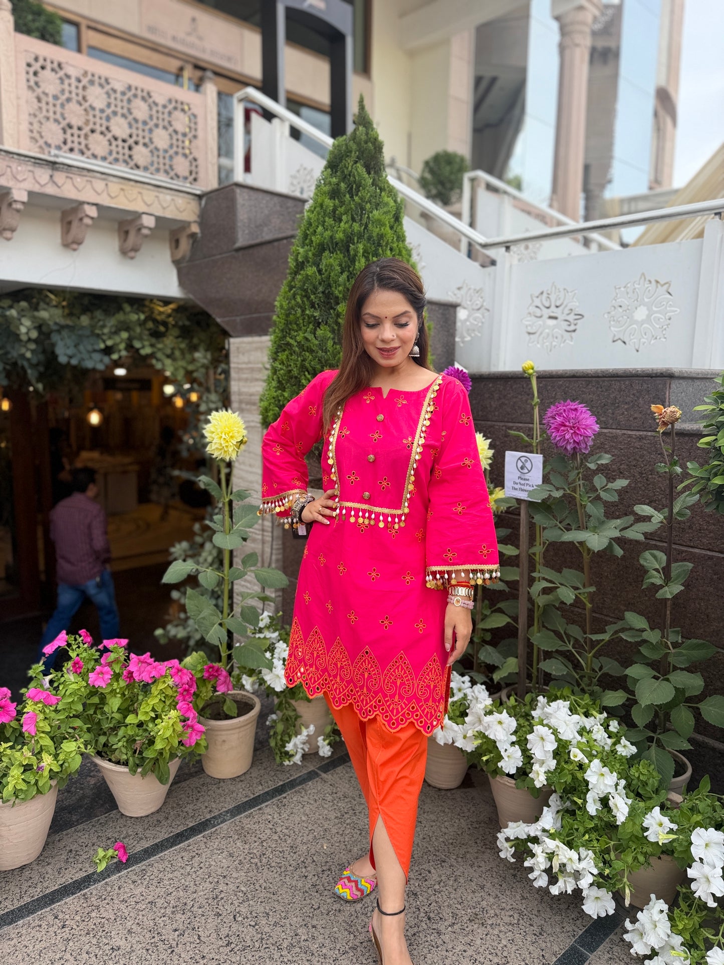 Gulnaar - Pink Chikankari Kurta Set with Lace Detailing & Orange Tulip Pants