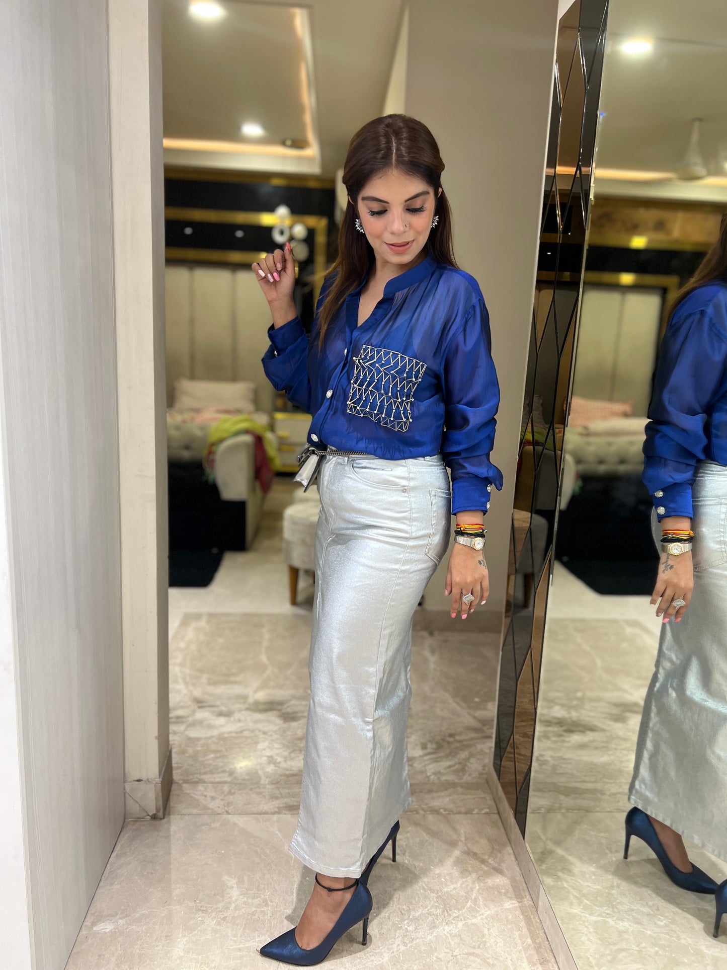 Zunaira - Royal Blue Embroidered Crepe Shirt for Women | Designer Pocket Shirt β Stylish & Elegant | 3D Embroidery