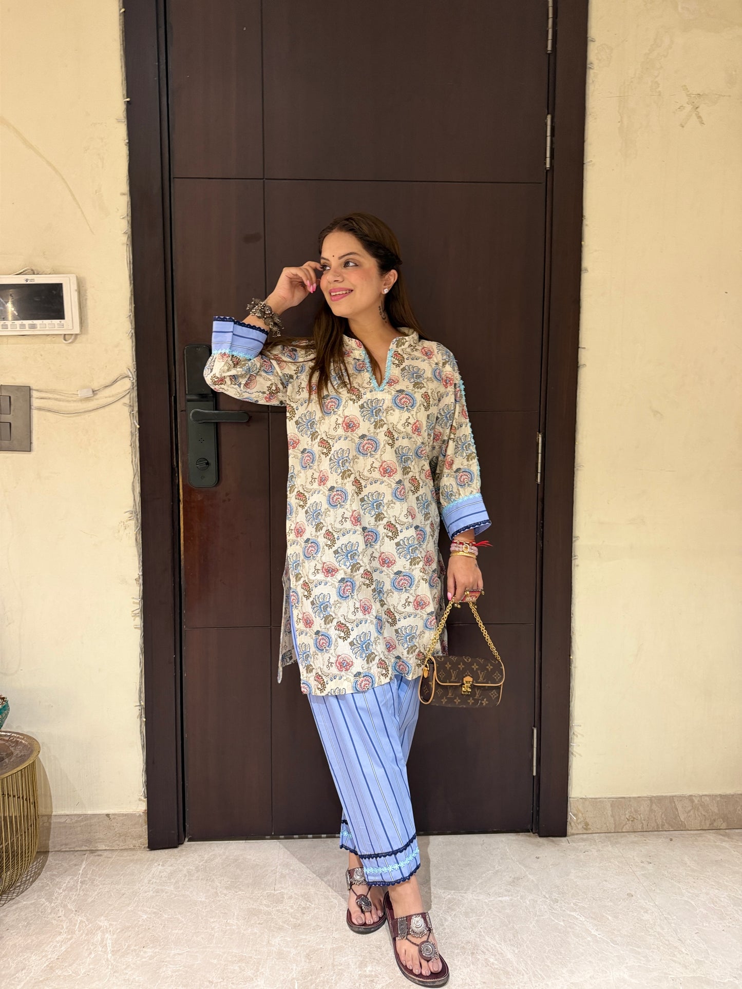 Noor Katha Stripe Set - Women’s Katha Print Kurta with Sleek Salwar Set | Cotton Comfortable Coord Set