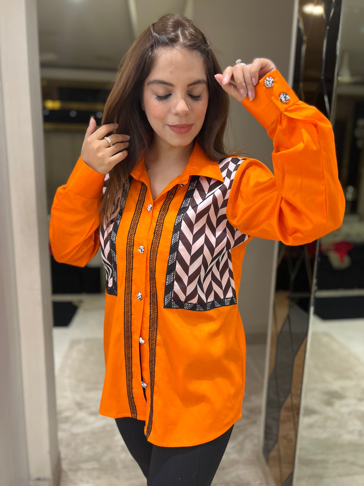 Mishti - Bold Orange Button-Up Shirt with Geometric Panel Design | mystiquee closet