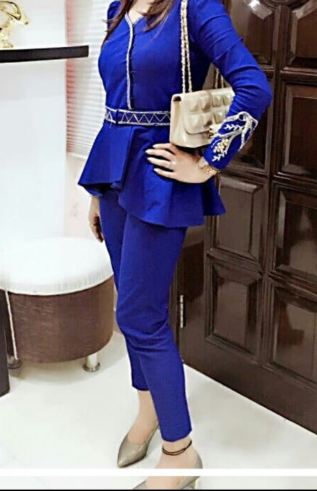 Myra - Lycra Royal Blue Peplum Pants Set – Elegant Two-Piece Suit for Women.
