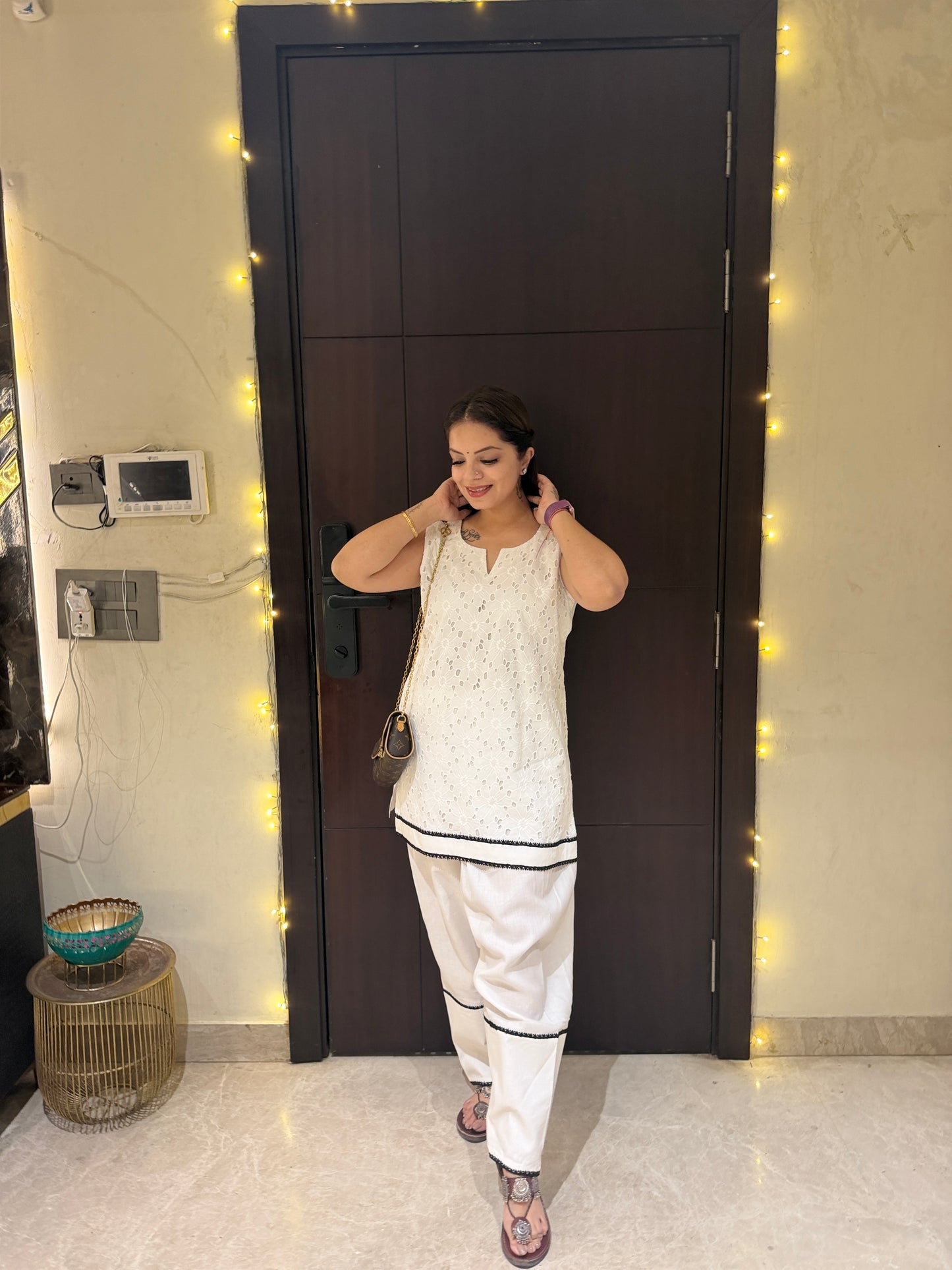 Noor Ivory Luxe Set - Women’s Ivory Schiffli Kurta Pant Set with Contrast Lace | Minimal Luxury Cotton Coord Set