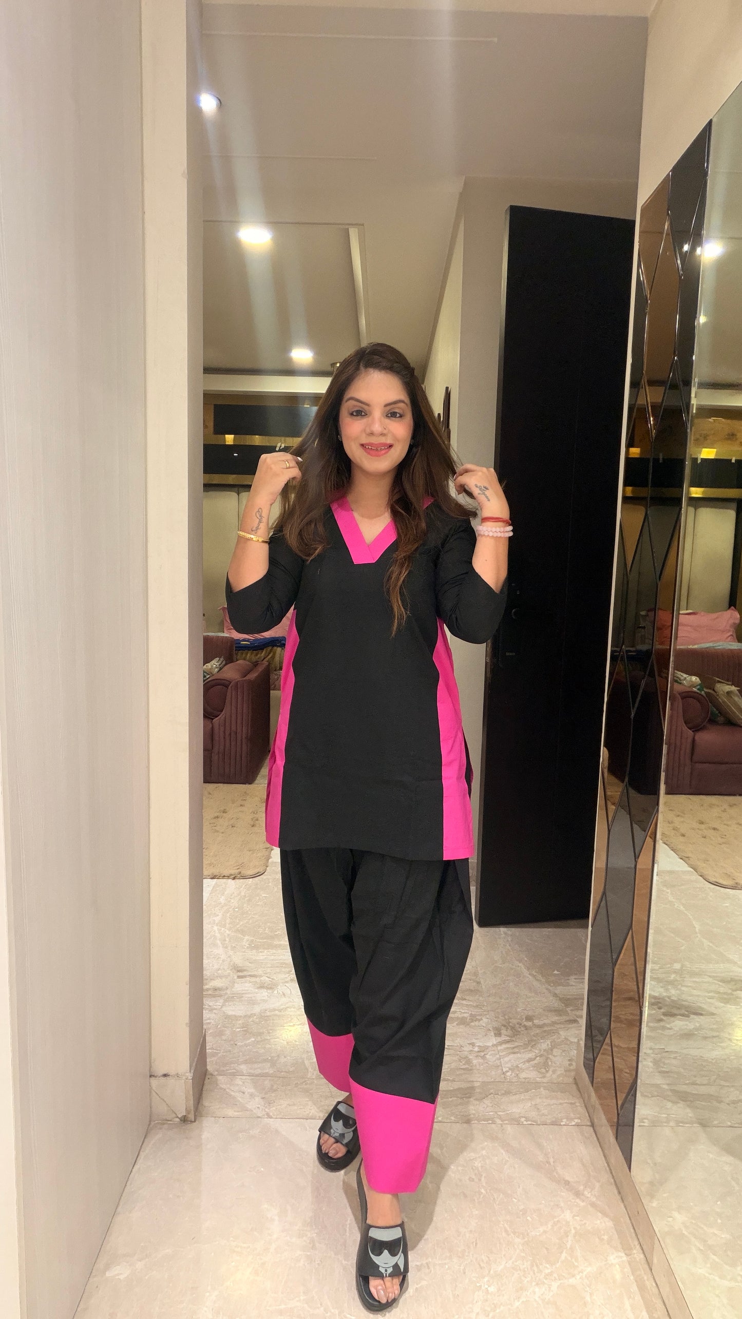 Midnight Pop Co-ord Set - Black & Hot Pink Cotton Co-ord Set for Women | Stylish Everyday Statement Wear