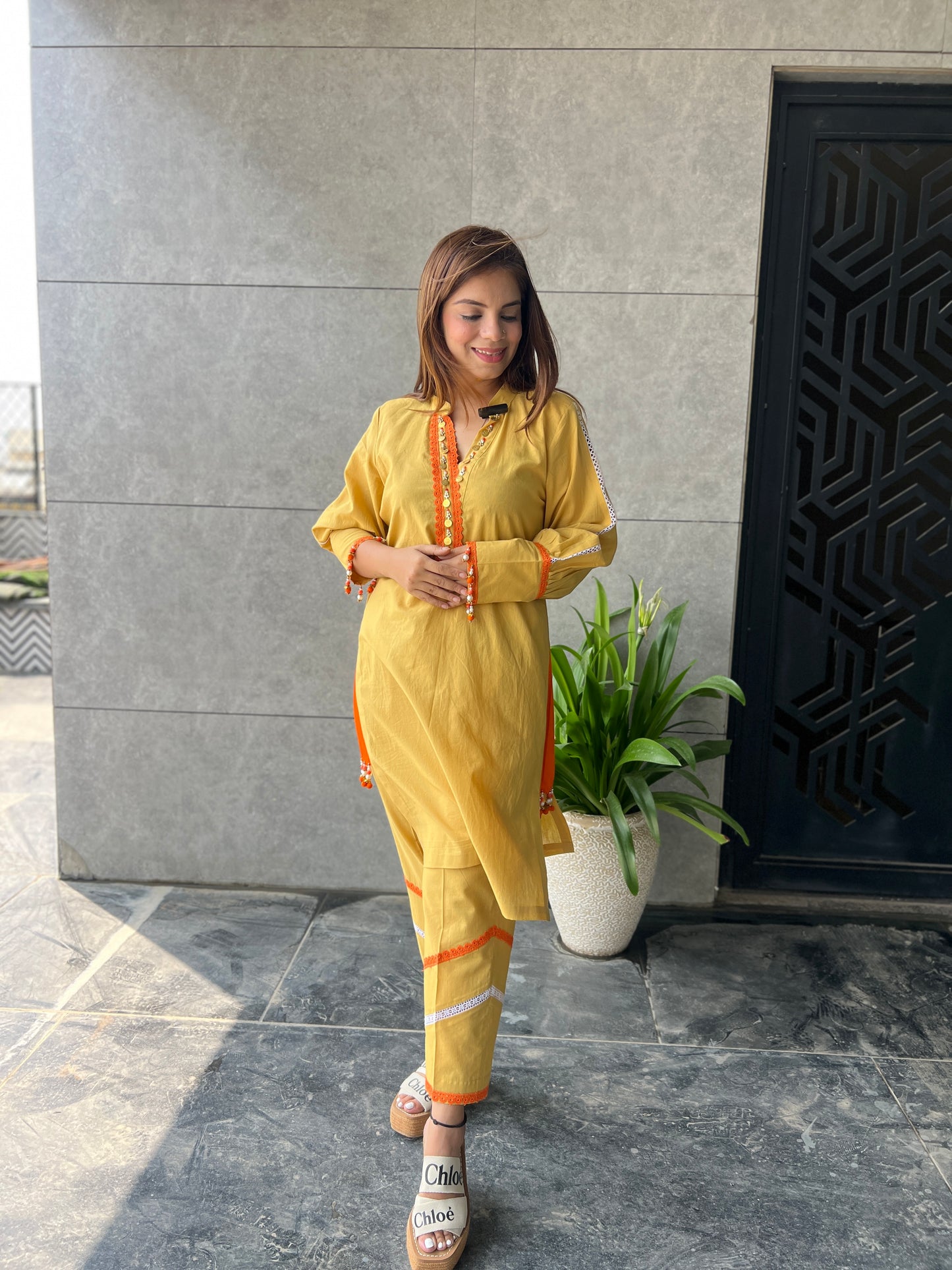 Sunshine - Mustard Kurta Set with Mirror Lace Detailing – Elegant Ethnic Cotton Wear for Women