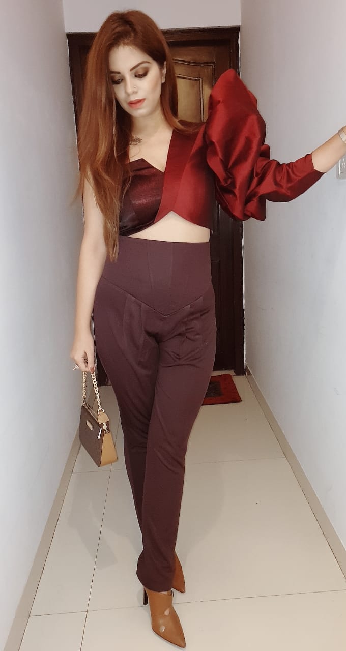 Valentina - Wine Silk One-Shoulder Puff Sleeve Crop Top – Designer Partywear.