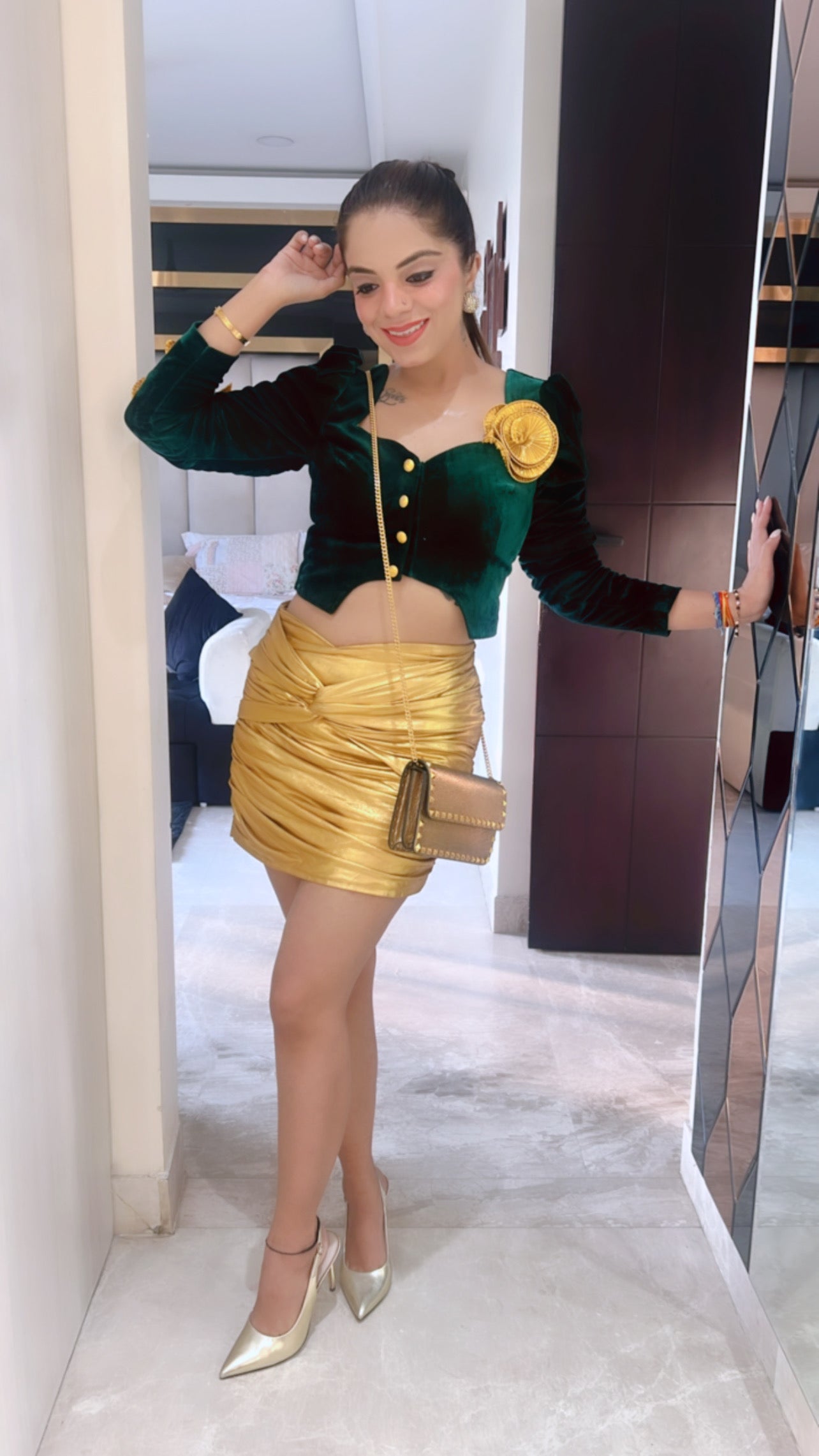 Reina Verde - Green Velvet Crop Top with Golden Rose Accent Glamorous Nightwear Outfit