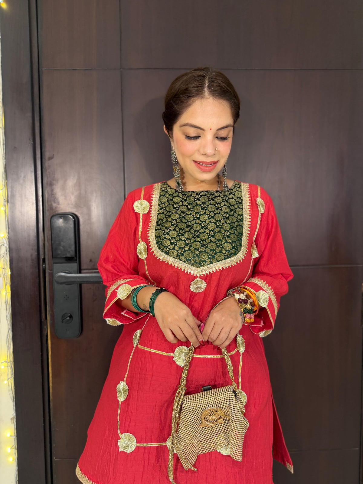 AABROO - Red Kurta with Green Brocade Pleated Farshi Pants