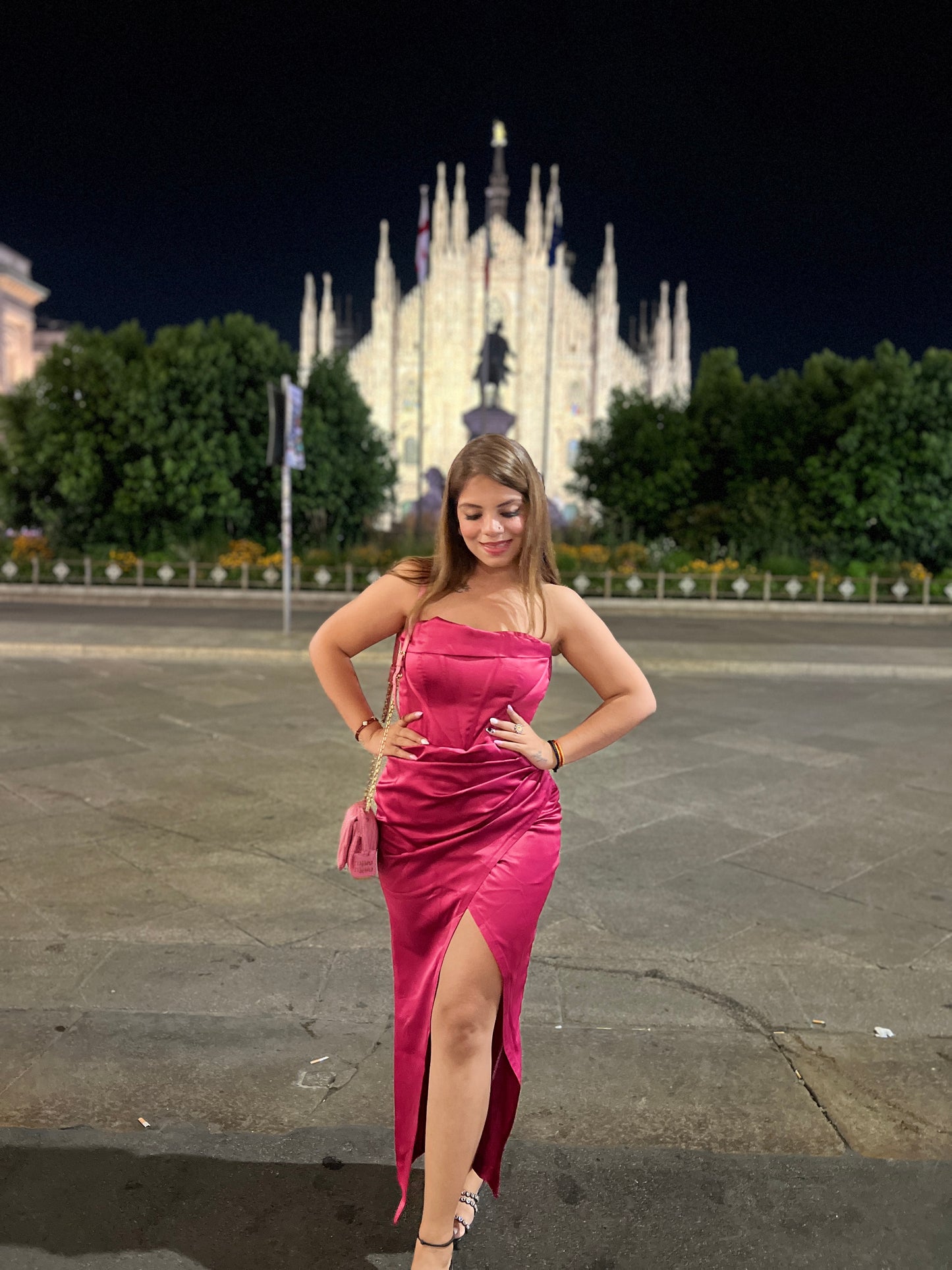 Saiba Luxe - Fuchsia Satin Bodycon Dress with Side Slit – Elegant Evening Wear for Women