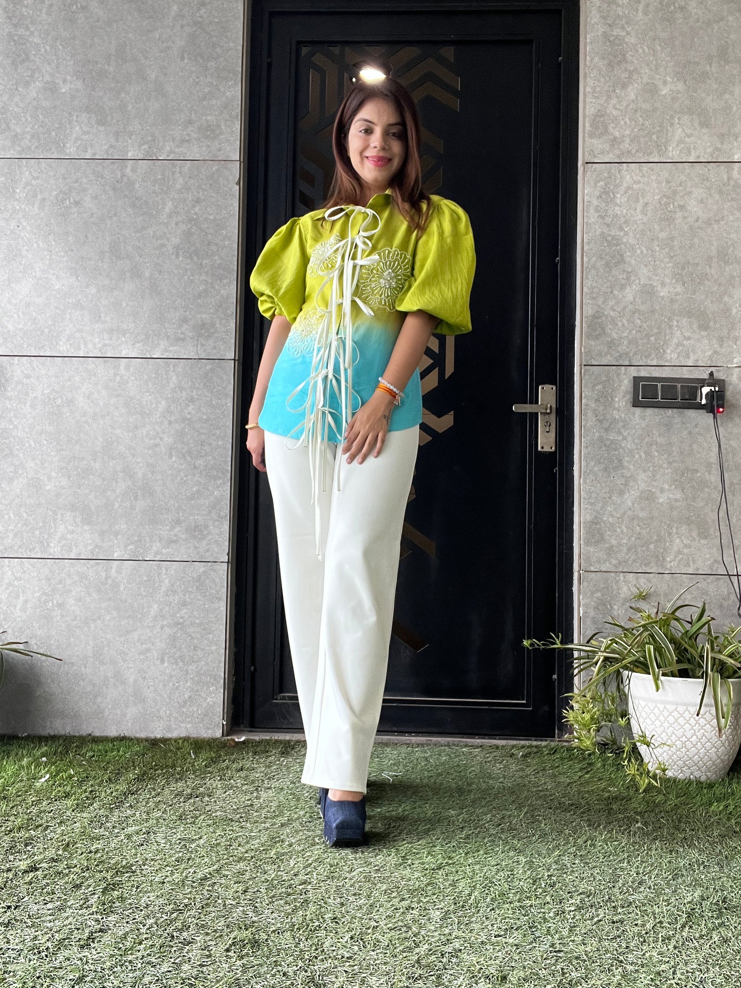 Aaradhya - Ombre Embroidered Puff Sleeve Blouse with Statement Ties | Chic & Trendy Women's Top