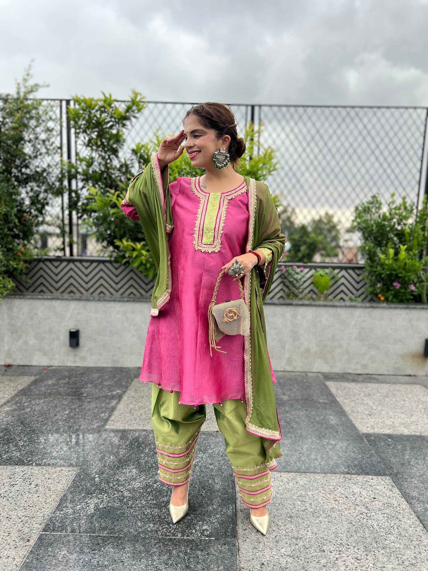 Meher - Shimmer Tissue Suit – Pink & Green Grace.