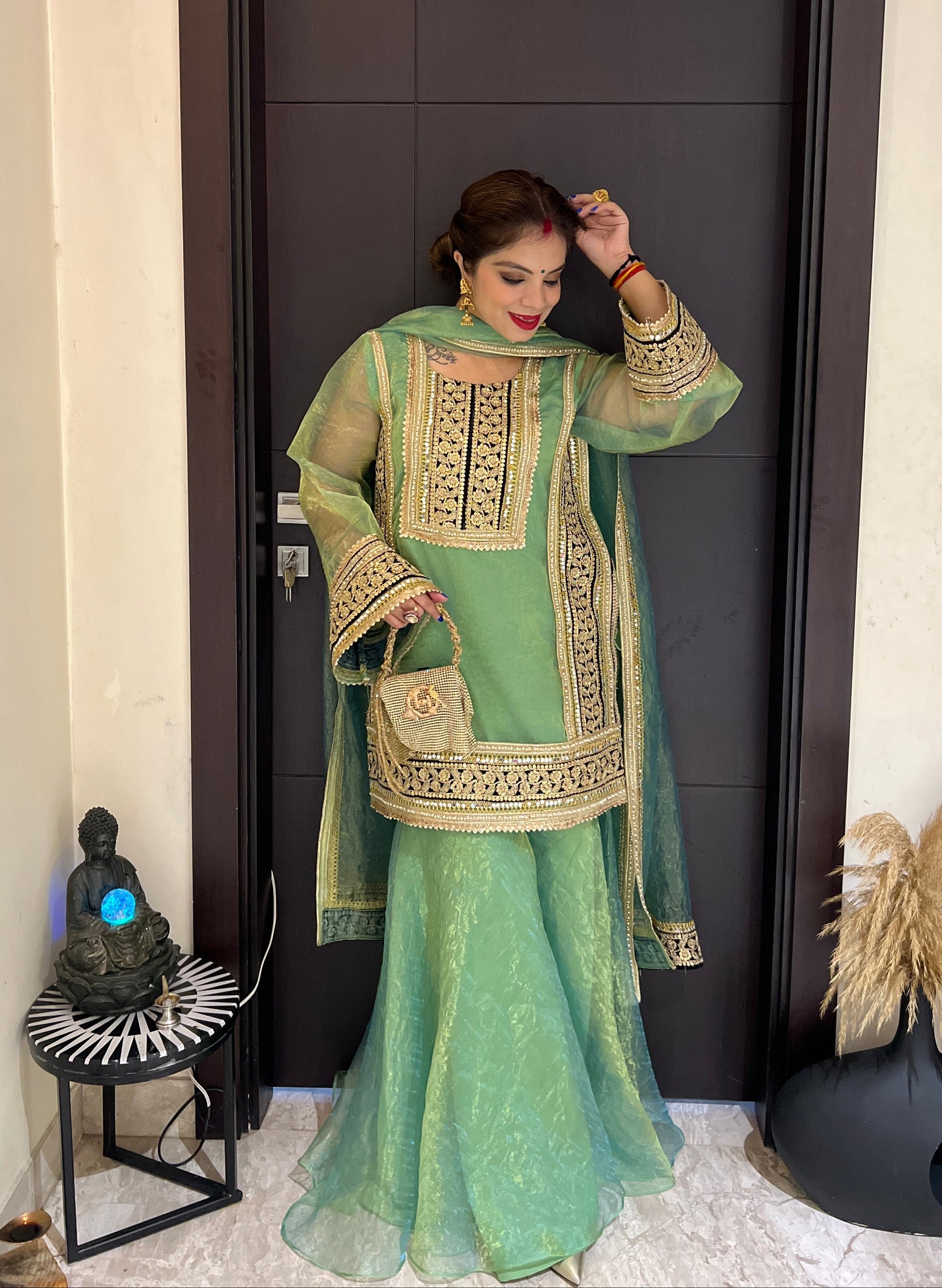 Ruhani - Golden Touch Traditional Soft Shimmer Tissue Sharara Suit – Zari & Sequin Work.