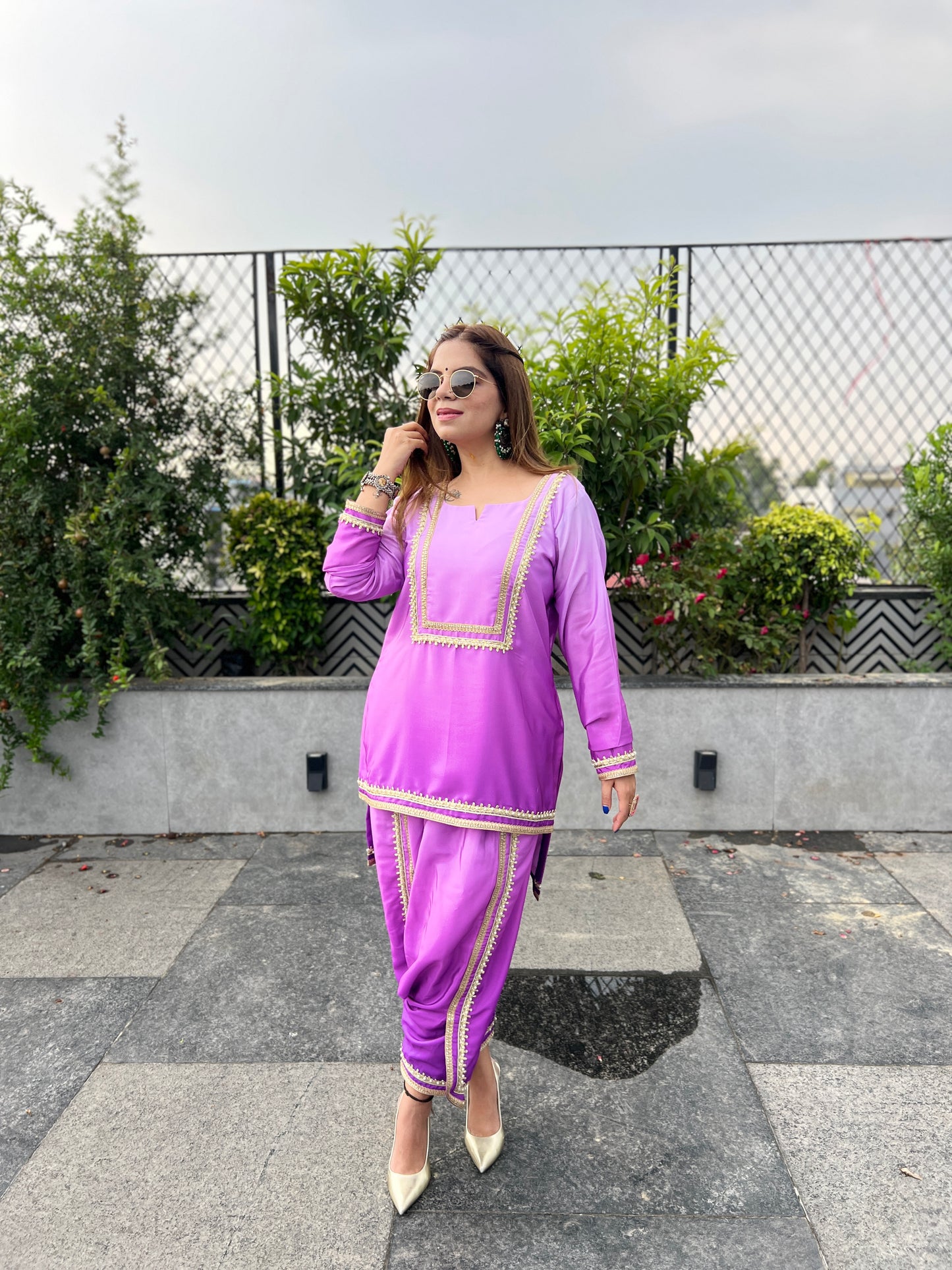 Navya – Lavender Patiala Suit Set with Golden Lace Detailing.