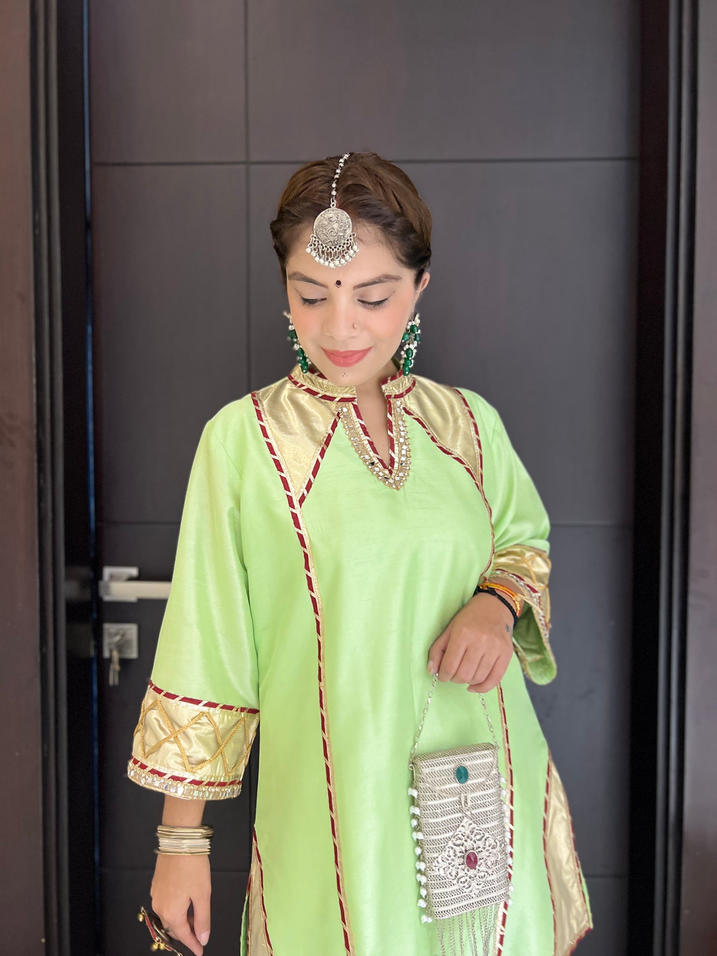 Royal Pista Tulip Set - Luxury Pista Silk Kurta Set with Handcrafted Embellishments and Statement Pants
