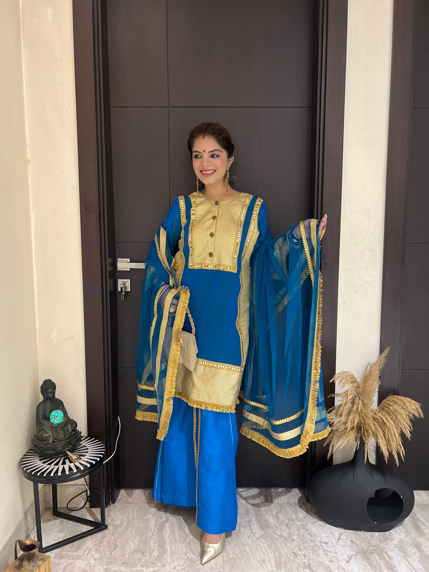 Rajwada Blue - Traditional Royal Blue Suit Set with Golden Work & Organza Dupatta.