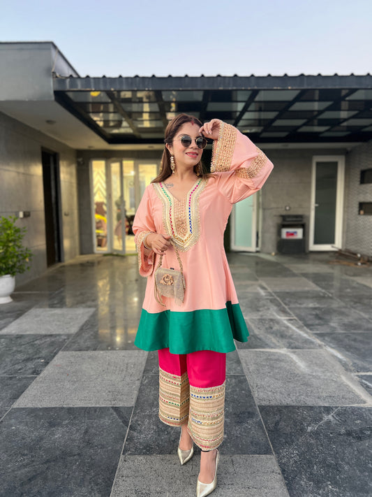 Avni-Luxury Croma Silk Peplum Kurti with lacy pants for Festive Occasions