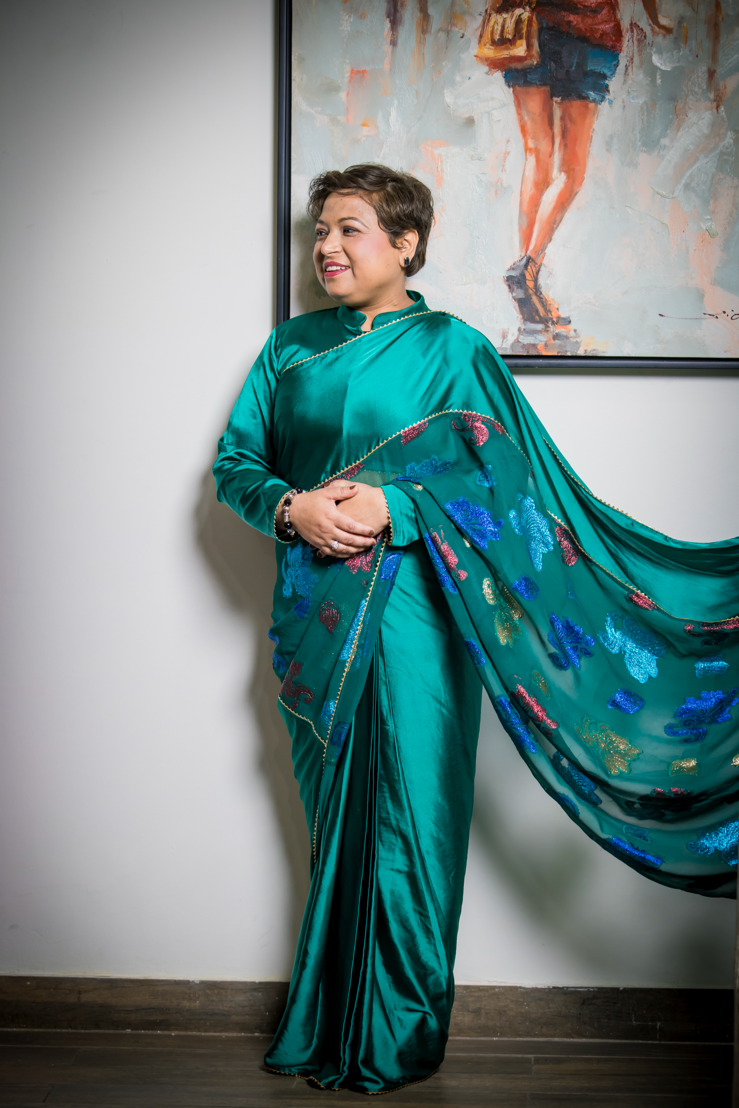 Charvi - Teal Saree with Embroidery & Gold Border – Elegant Indian Saree for Weddings & Celebrations