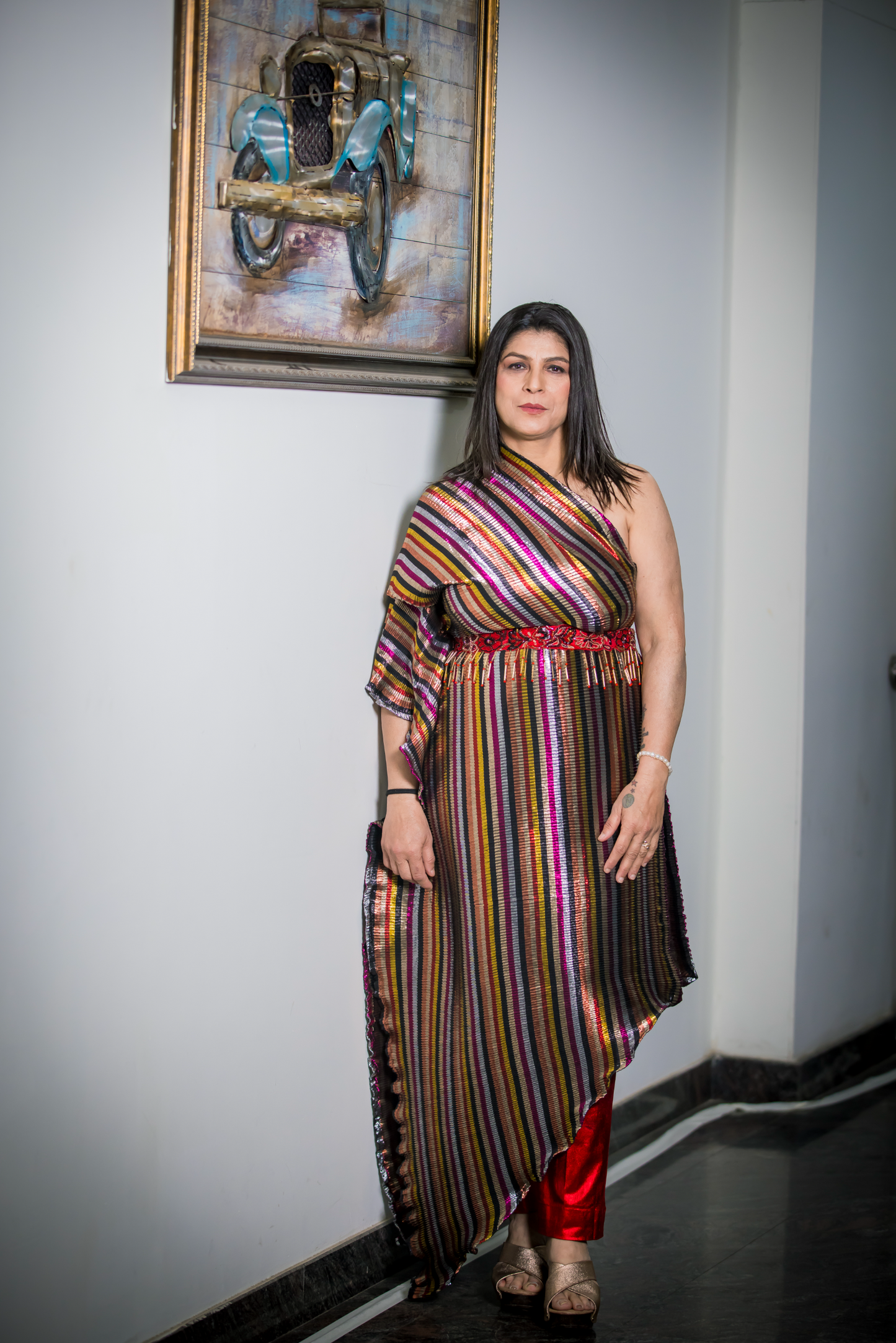 Prisha - Striped One-Shoulder Asymmetrical Dress – Multicolor Style with Red Embroidered Belt