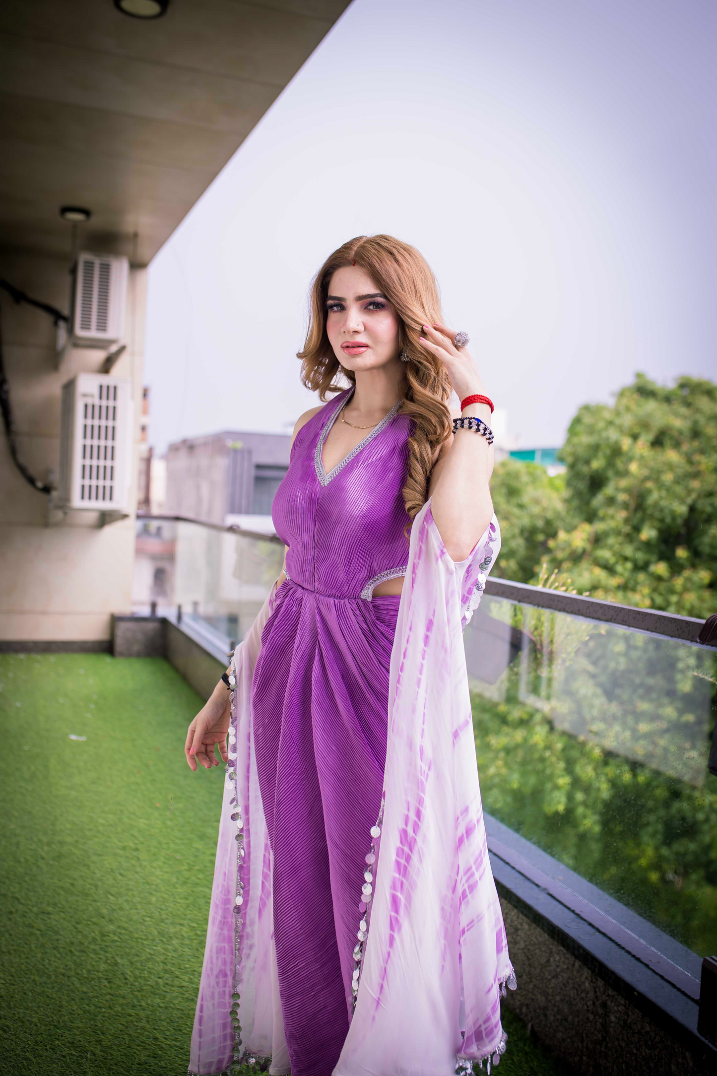 Radiant Purple Halter Neck Gown with Pleats & Embellished Cut-Outs – Luxury Tie-Dye Dress| MYSTIQUE CLOSET
