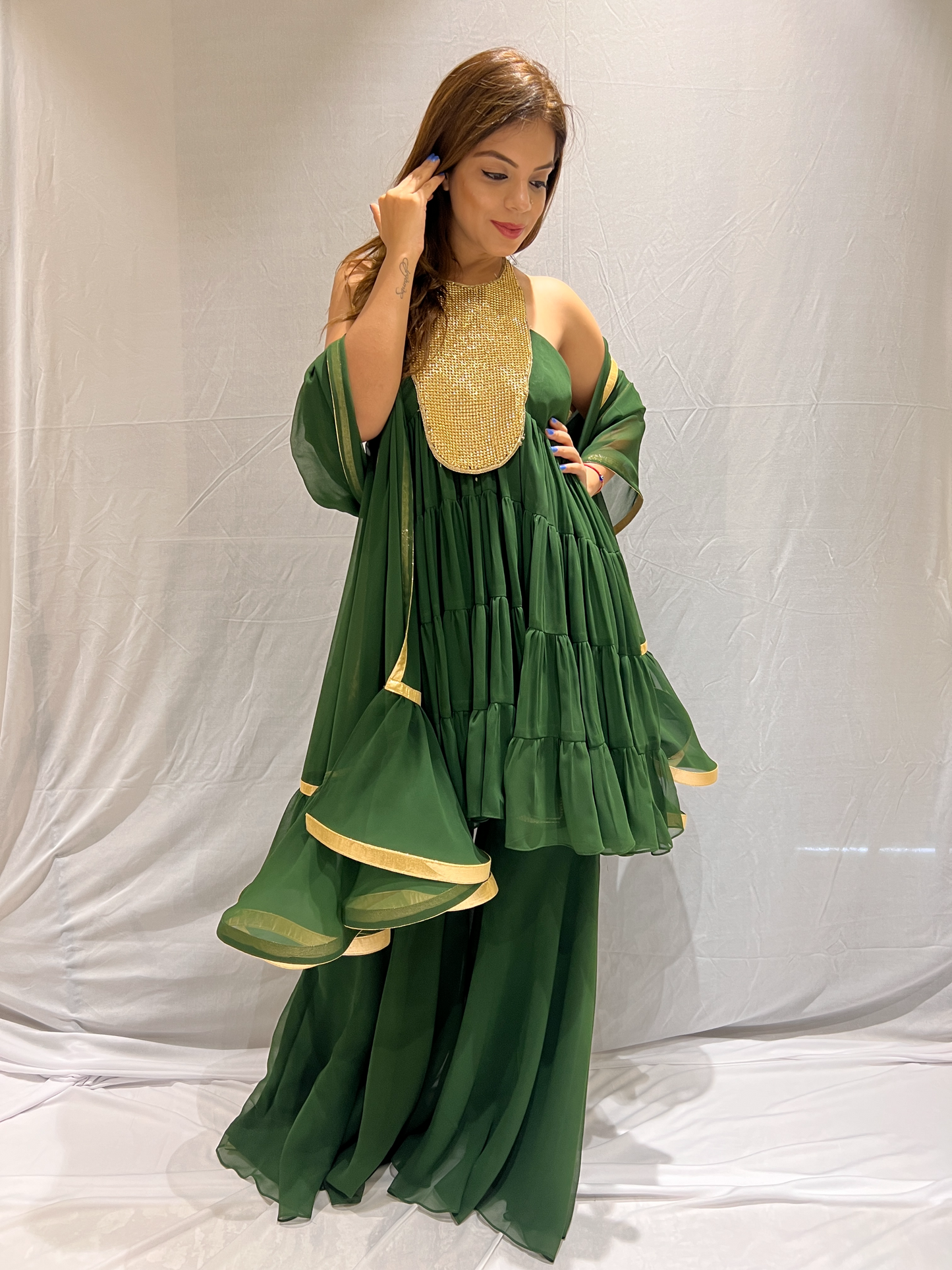 Golden Metal Embroidered Bottle Green Frill Suit – Luxurious Women’s Traditional Wear| MYSTIQUE CLOSET