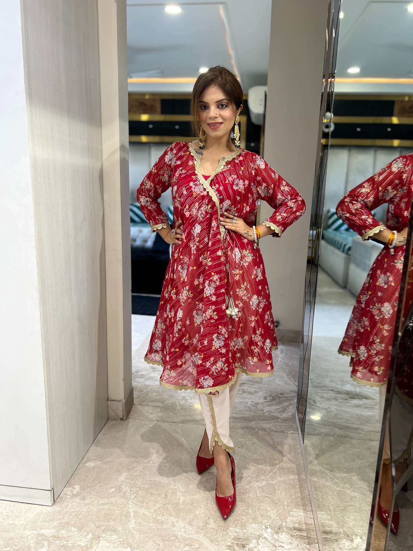 Festive Red Anarkali Kurta with Gold Accents & Cream Pants – Elegant Floral Ethnic Set