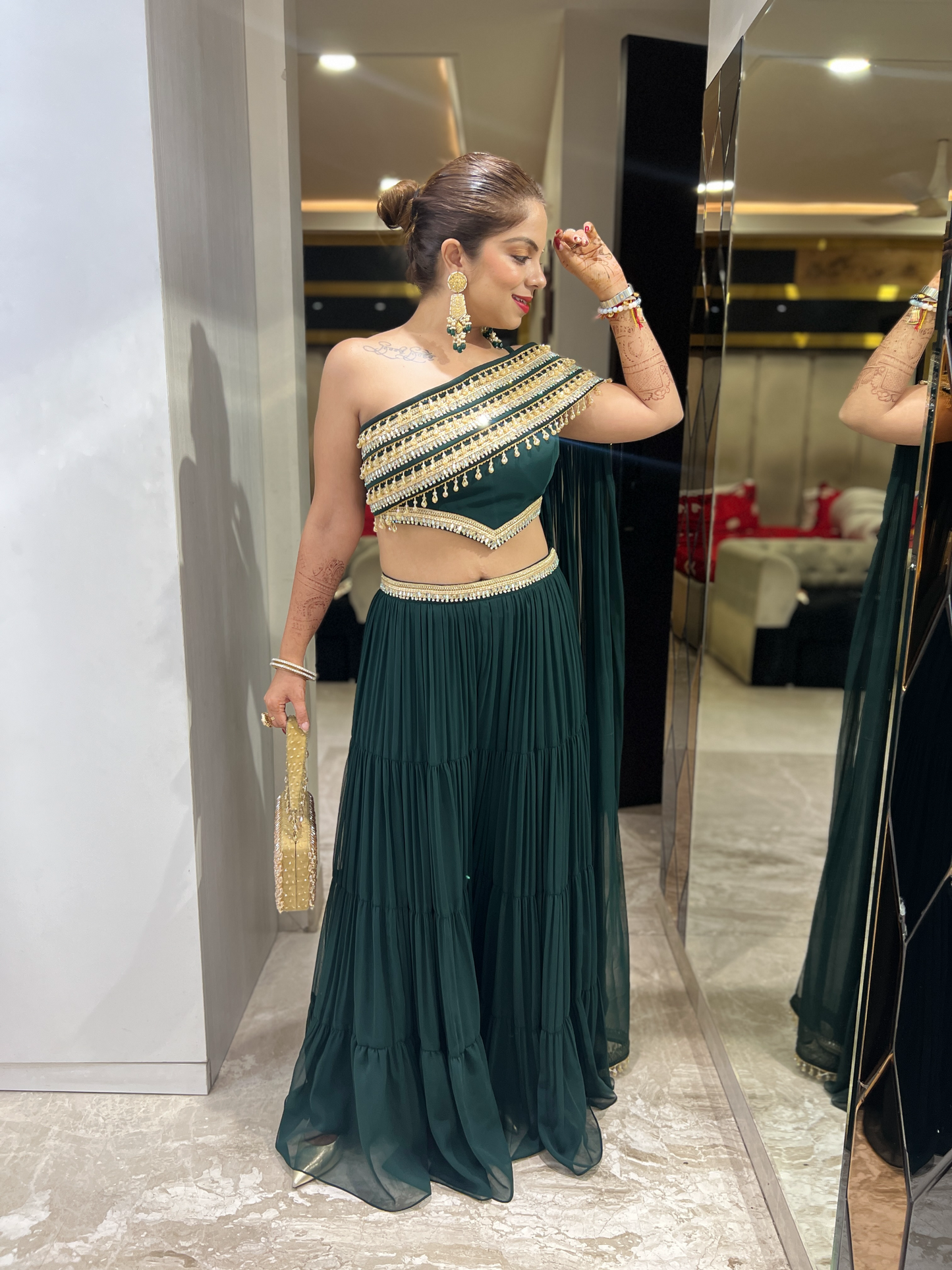 Emerald Green Layered Sharara Set with Embellished Details – Elegant Festive Wear for Women