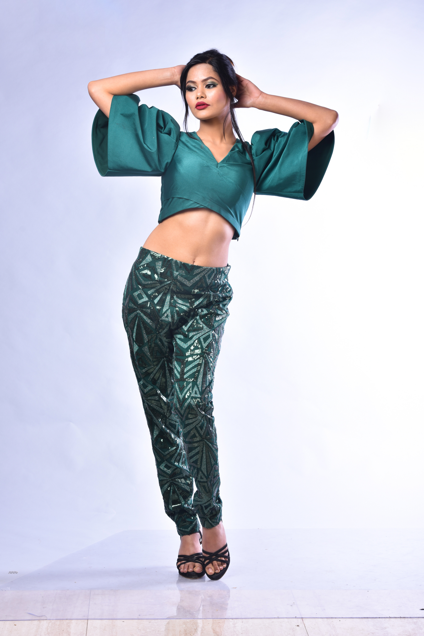 Nooran - Embroidered Crop Top & Pants Set β Dramatic Elevator Sleeves | MYSTIQUEE CLOSET