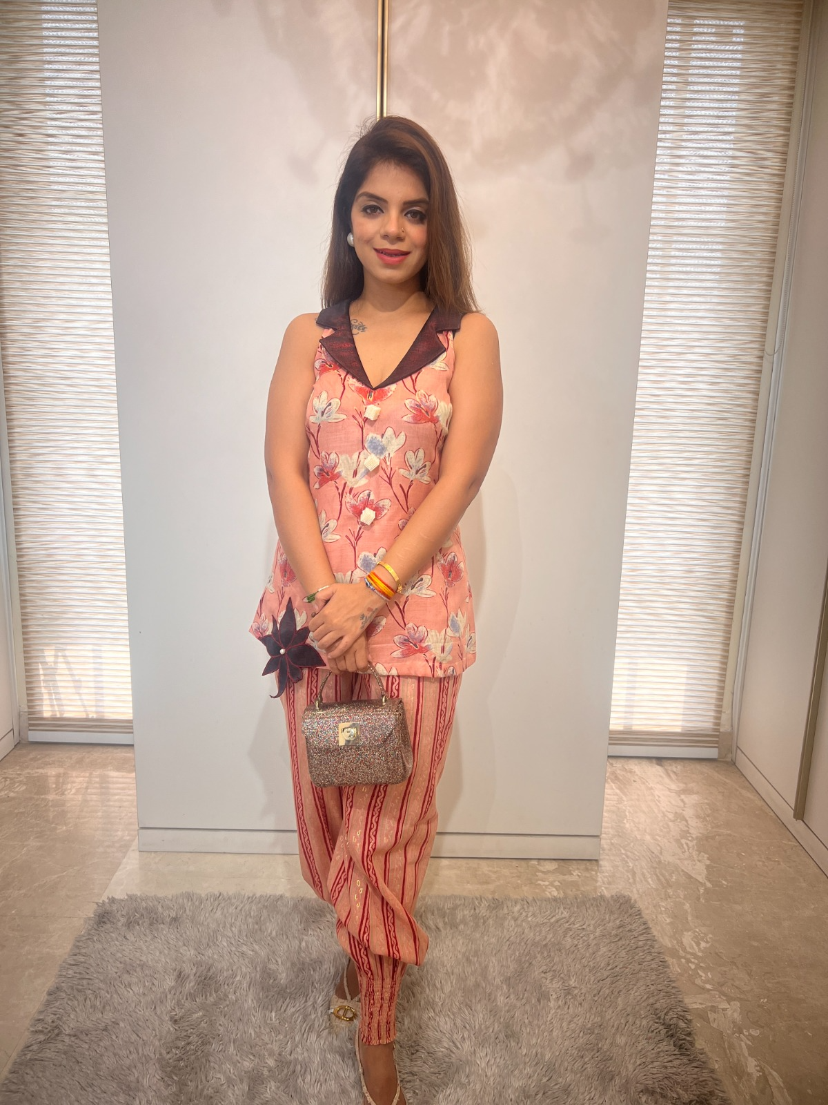 Floral Peach Co-ord Set with Metallic Accents – Elegant Two-Piece for Women