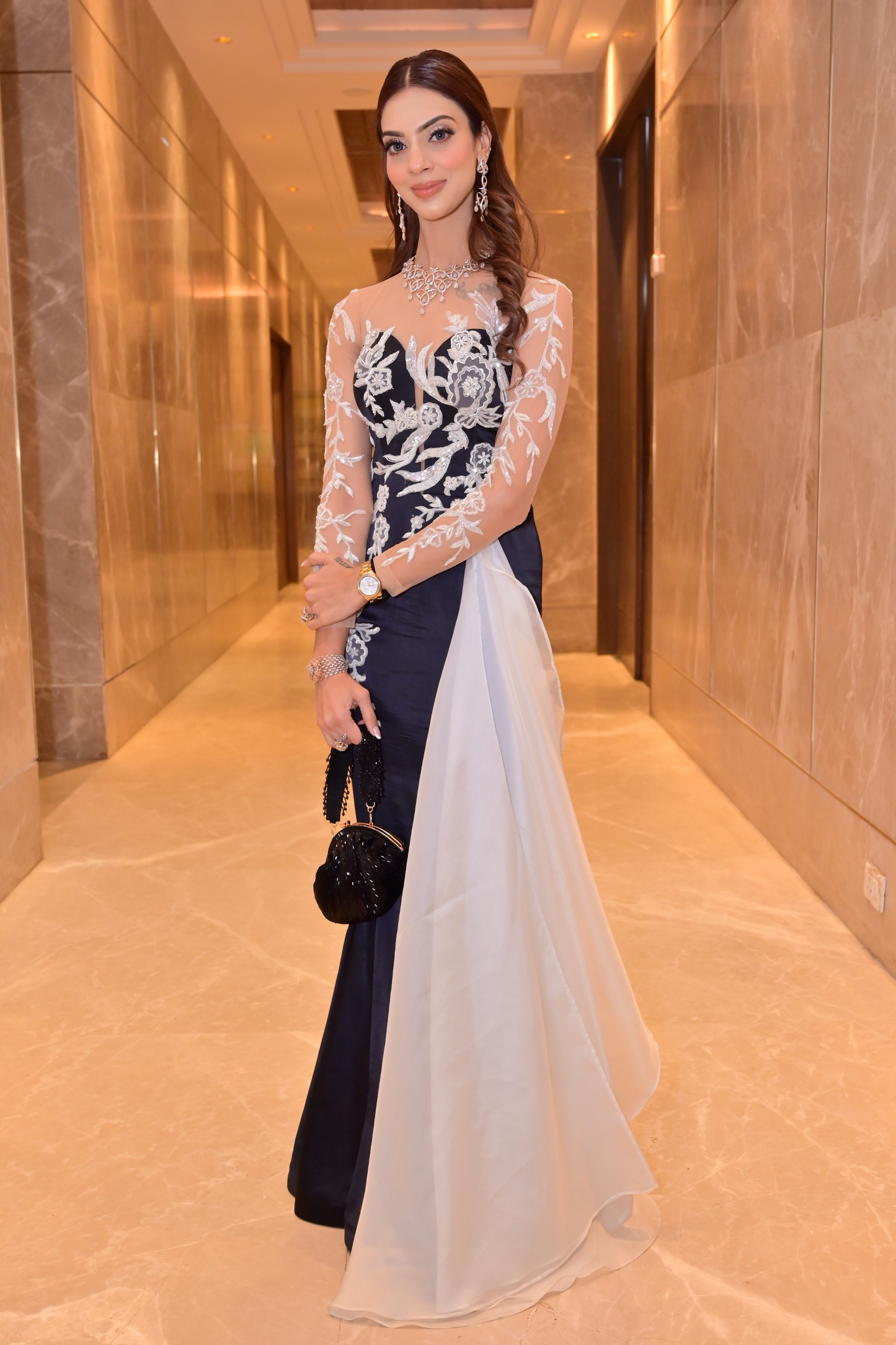 Noir & Pearl Symphony : Classic Black & White Gown with Delicate Embroidery