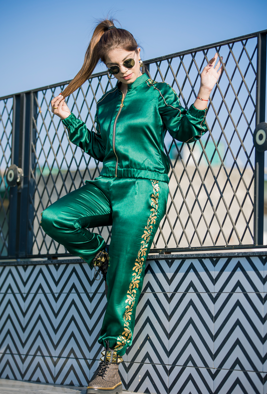 Block print satin track suit for women – stylish and comfortable co-ord set for loungewear and casual outings