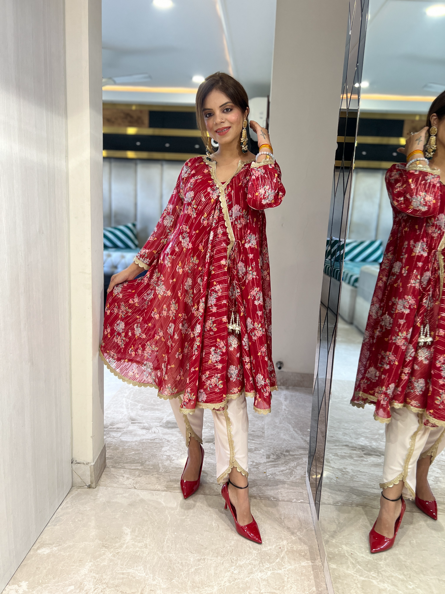 Festive Red Anarkali Kurta with Gold Accents & Cream Pants – Elegant Floral Ethnic Set