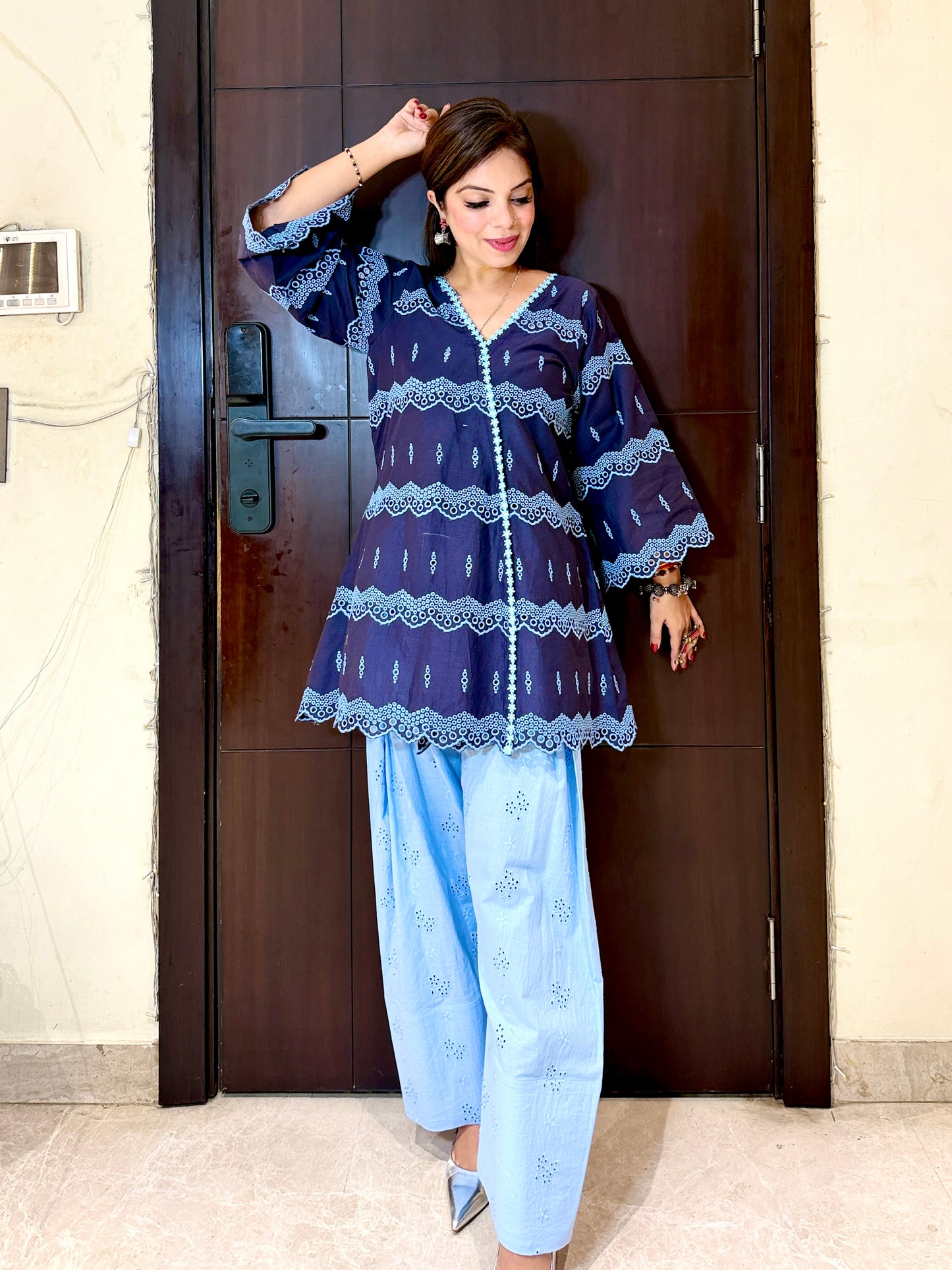 Denim Daze – Denim Blue Chikankari Indo-Western Kurta Set with Farshi Salwar