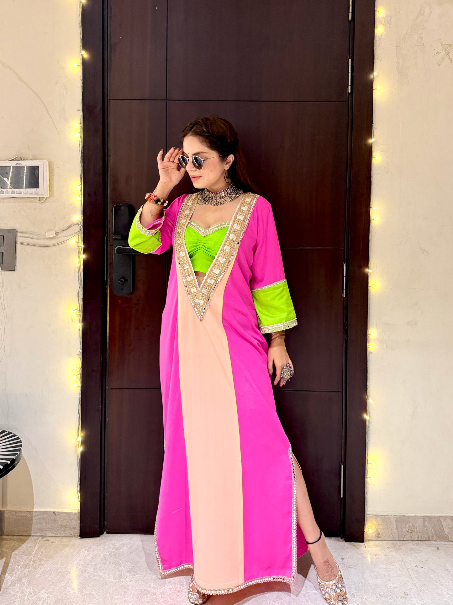 RANG RANI - Pink, Lime & Peach Embellished Indo-Western Choga