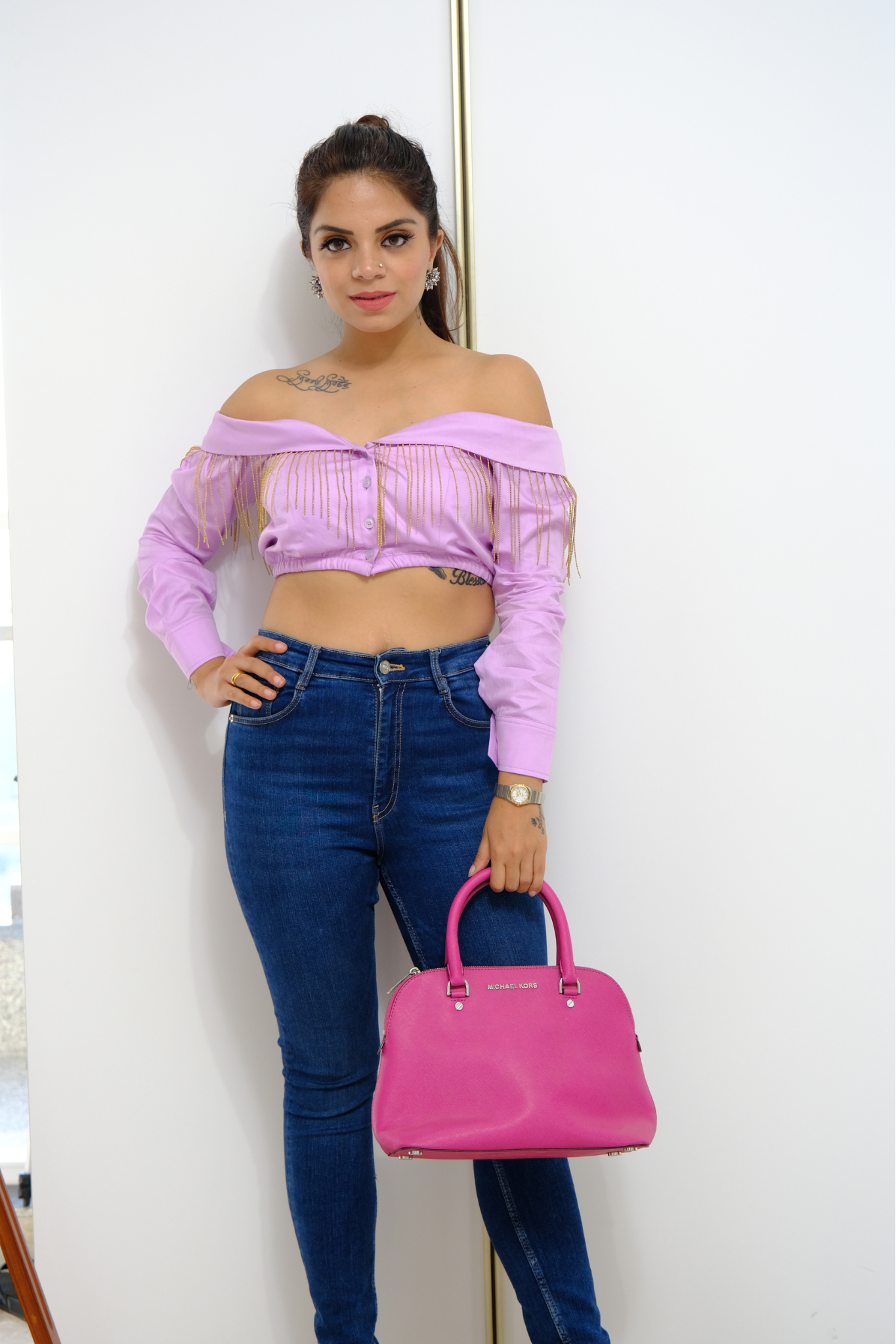 Lilac Drama Fringe Top - Lilac Off-Shoulder Fringe Crop Top with Button Detail