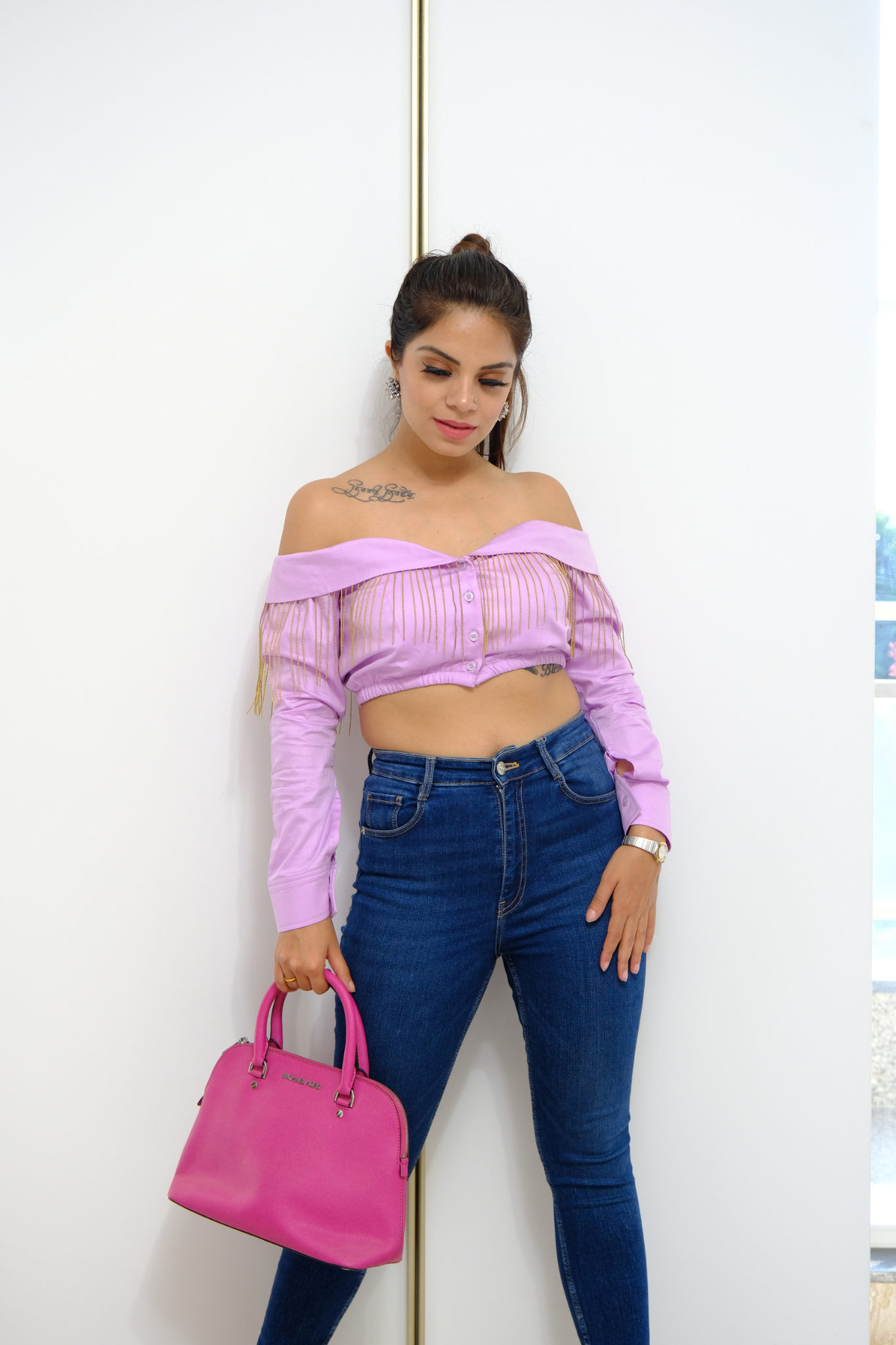Lilac Drama Fringe Top - Lilac Off-Shoulder Fringe Crop Top with Button Detail