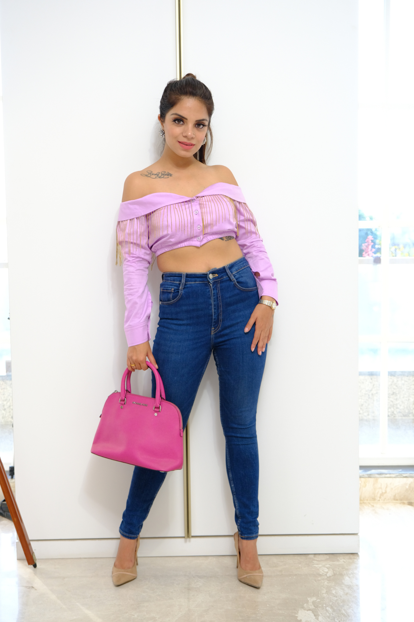 Lilac Drama Fringe Top - Lilac Off-Shoulder Fringe Crop Top with Button Detail
