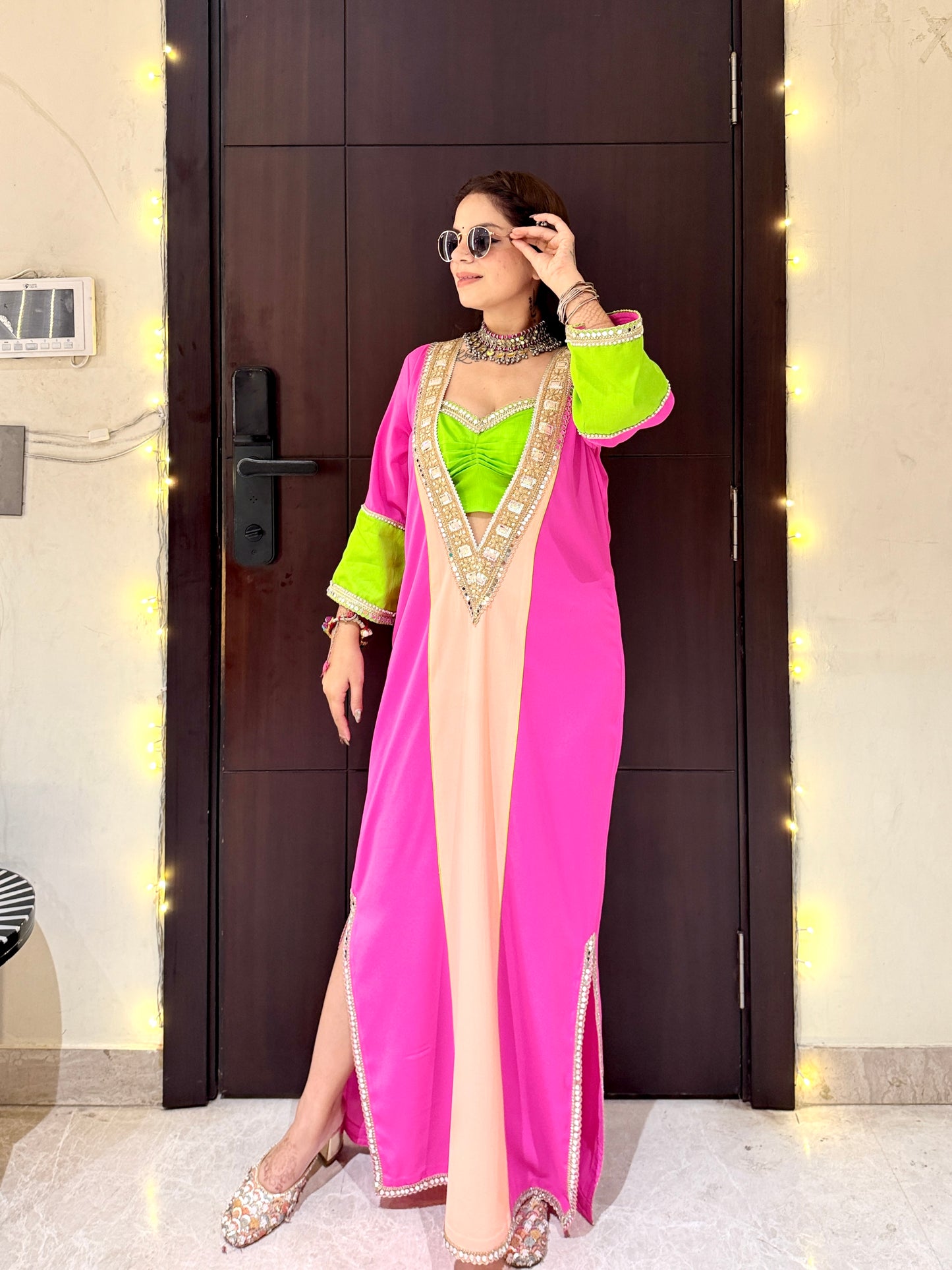 RANG RANI - Pink, Lime & Peach Embellished Indo-Western Choga