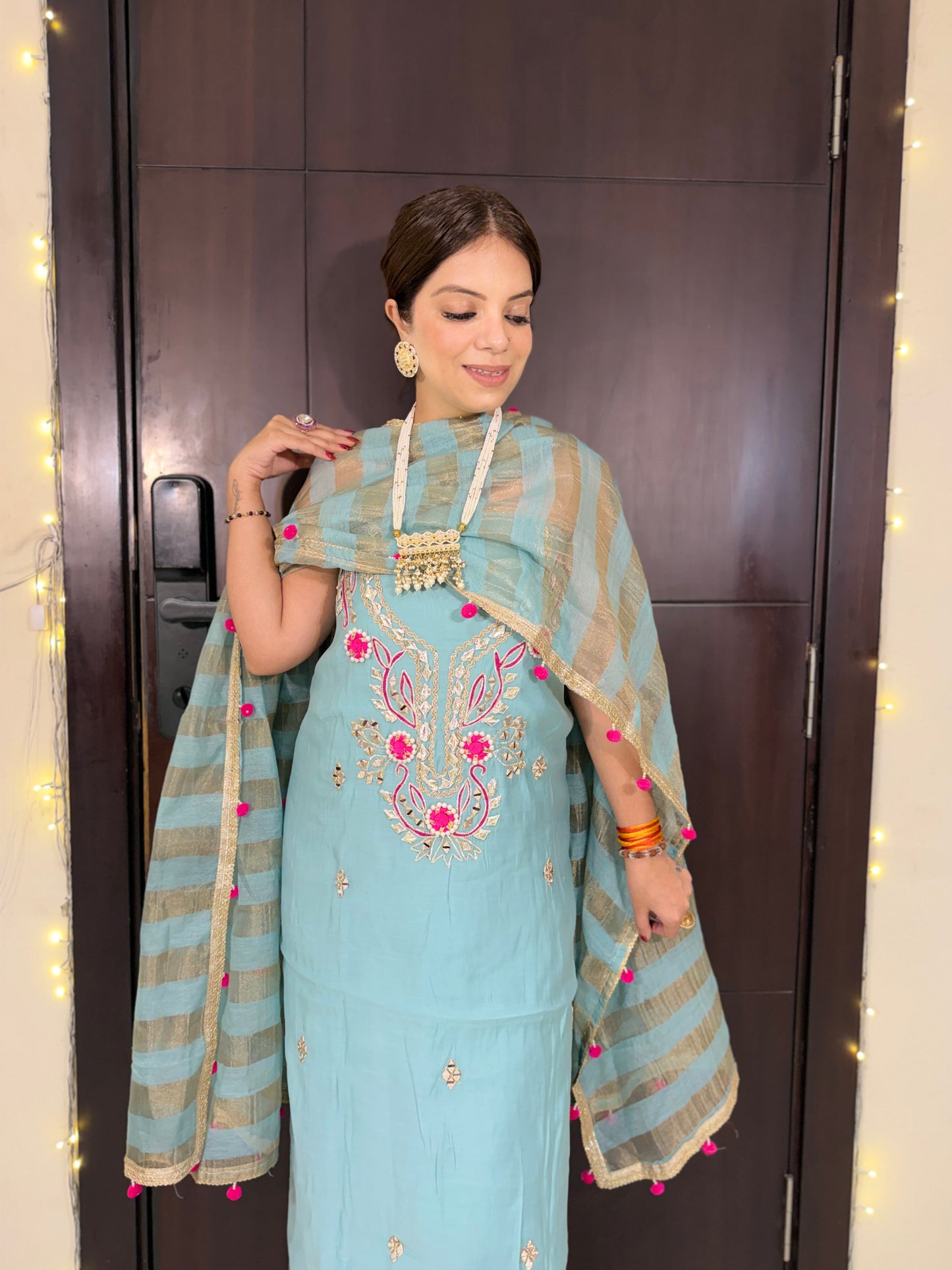 GULBAHAR –  Gota Patti & Pearl Work Unstitched Suit with Striped Dupatta