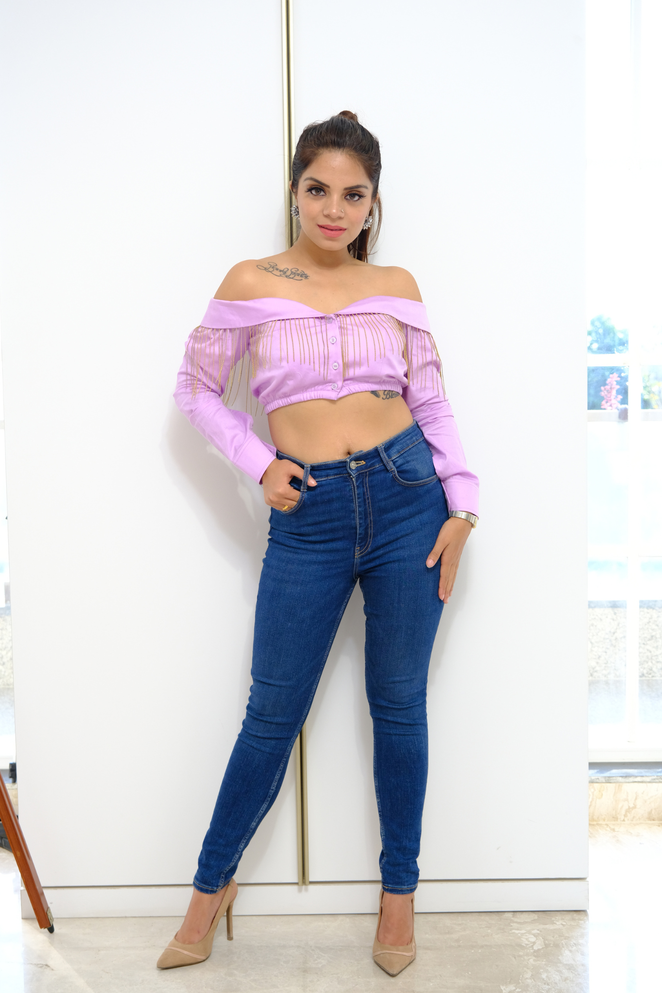 Lilac Drama Fringe Top - Lilac Off-Shoulder Fringe Crop Top with Button Detail