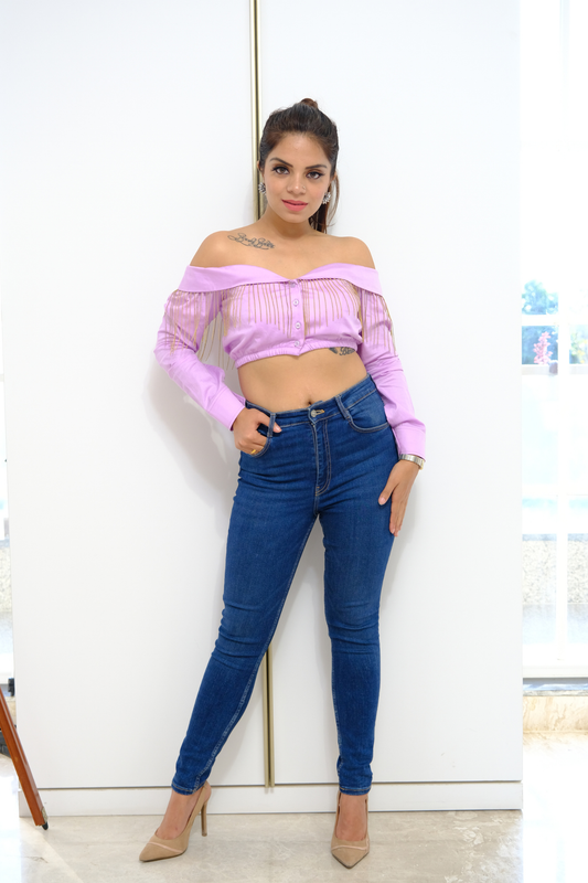 Lilac Drama Fringe Top - Lilac Off-Shoulder Fringe Crop Top with Button Detail