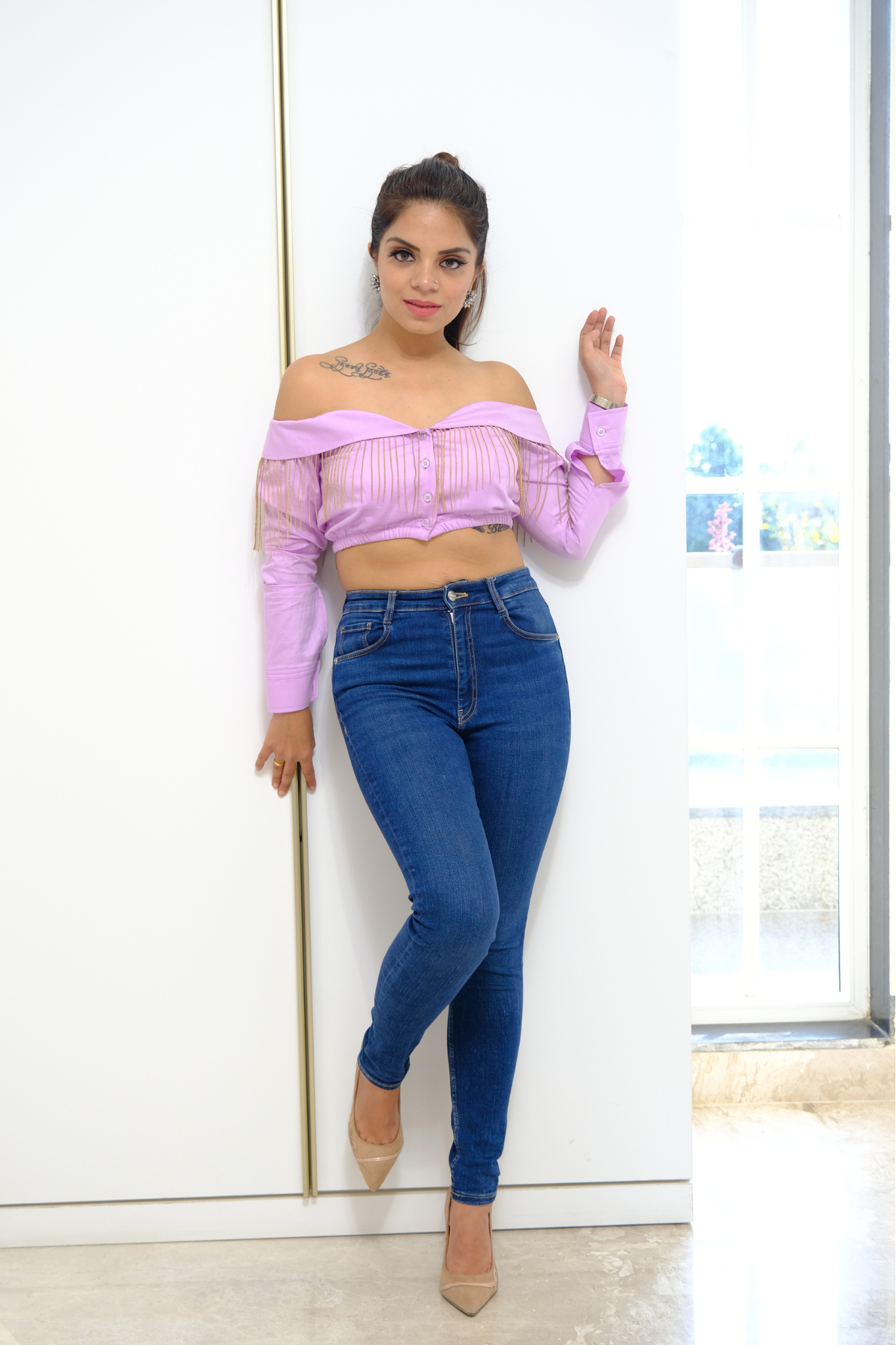 Lilac Drama Fringe Top - Lilac Off-Shoulder Fringe Crop Top with Button Detail