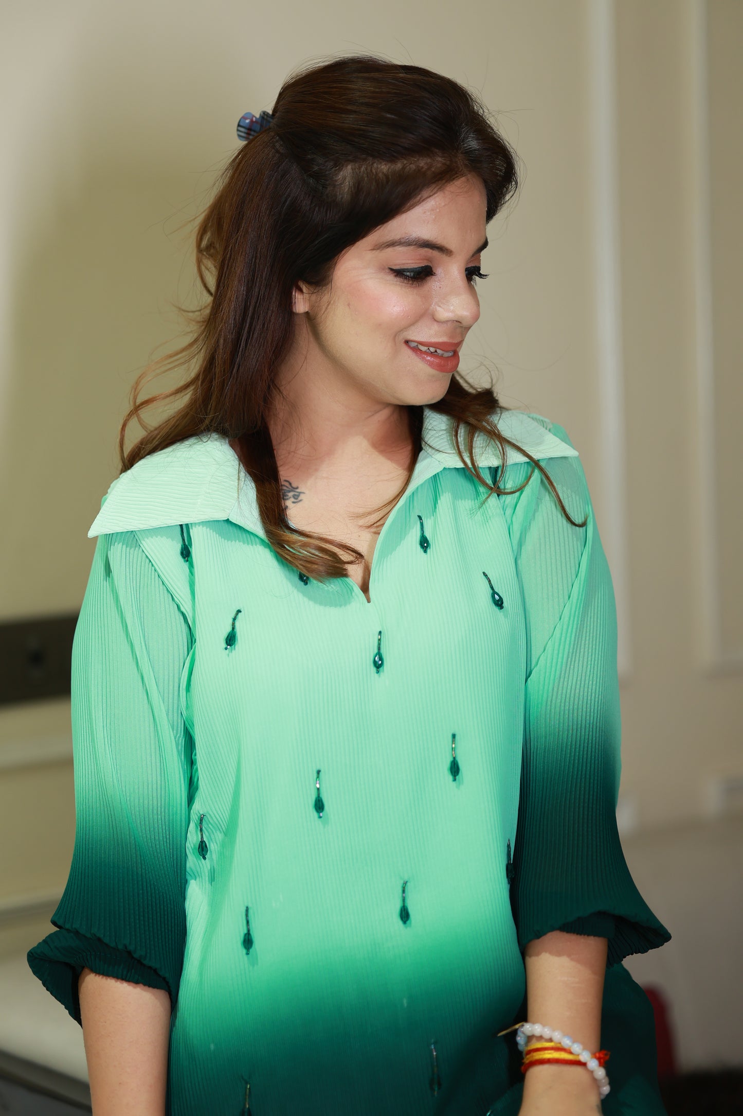 Mint Mirage Ombre Pleated Co-Ord Set for Women | Premium Resort Wear Coord Set | Mystique Closet