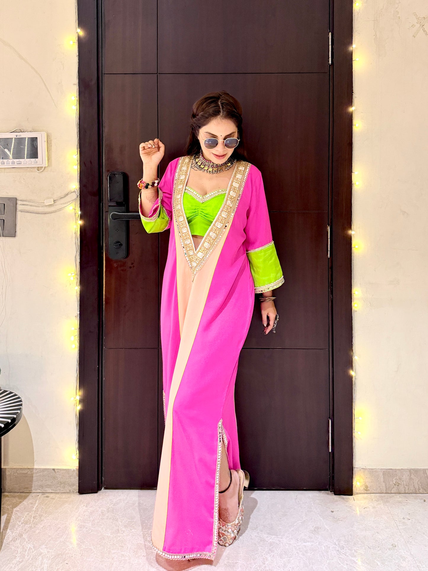 RANG RANI - Pink, Lime & Peach Embellished Indo-Western Choga