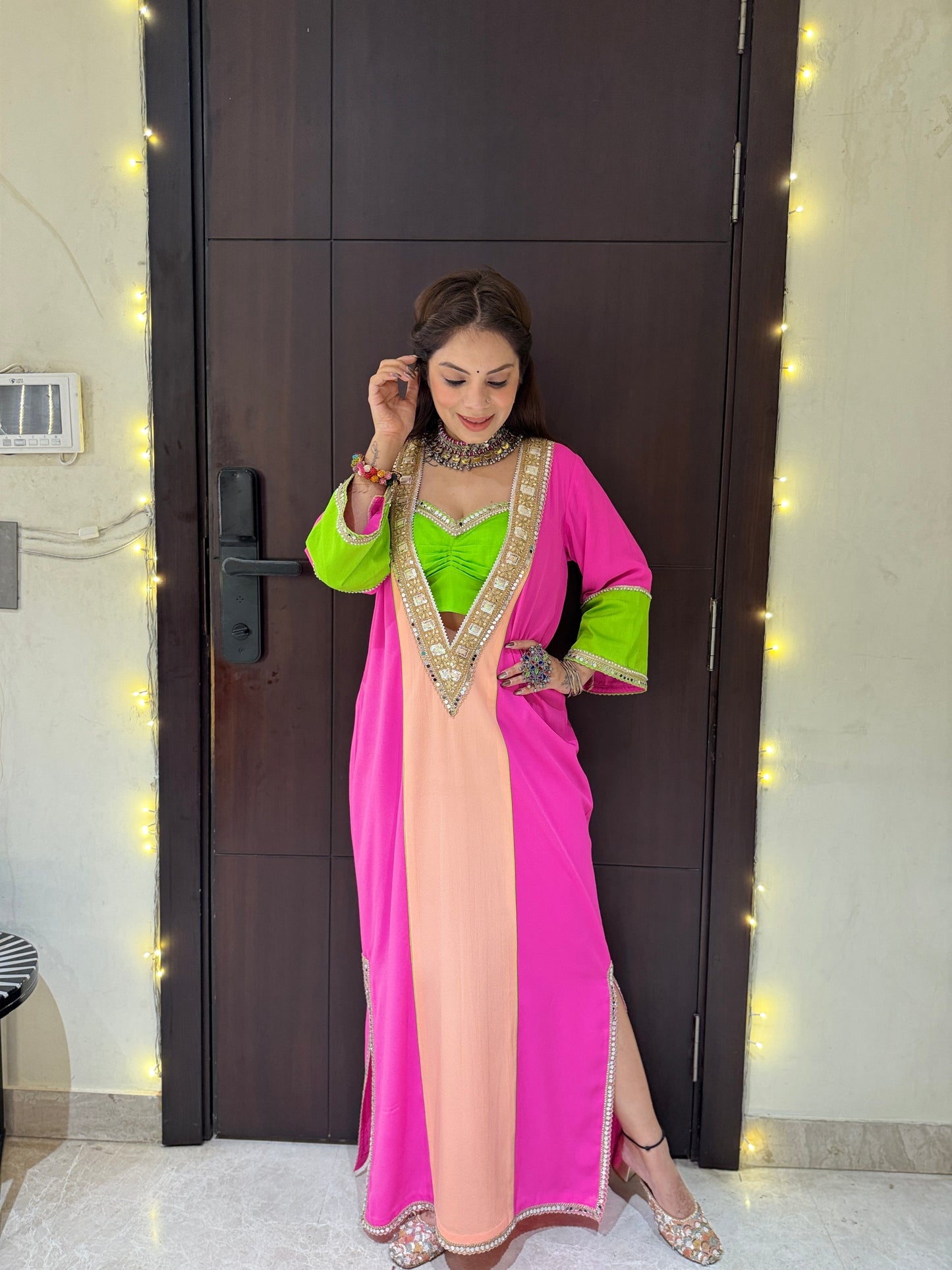 RANG RANI - Pink, Lime & Peach Embellished Indo-Western Choga