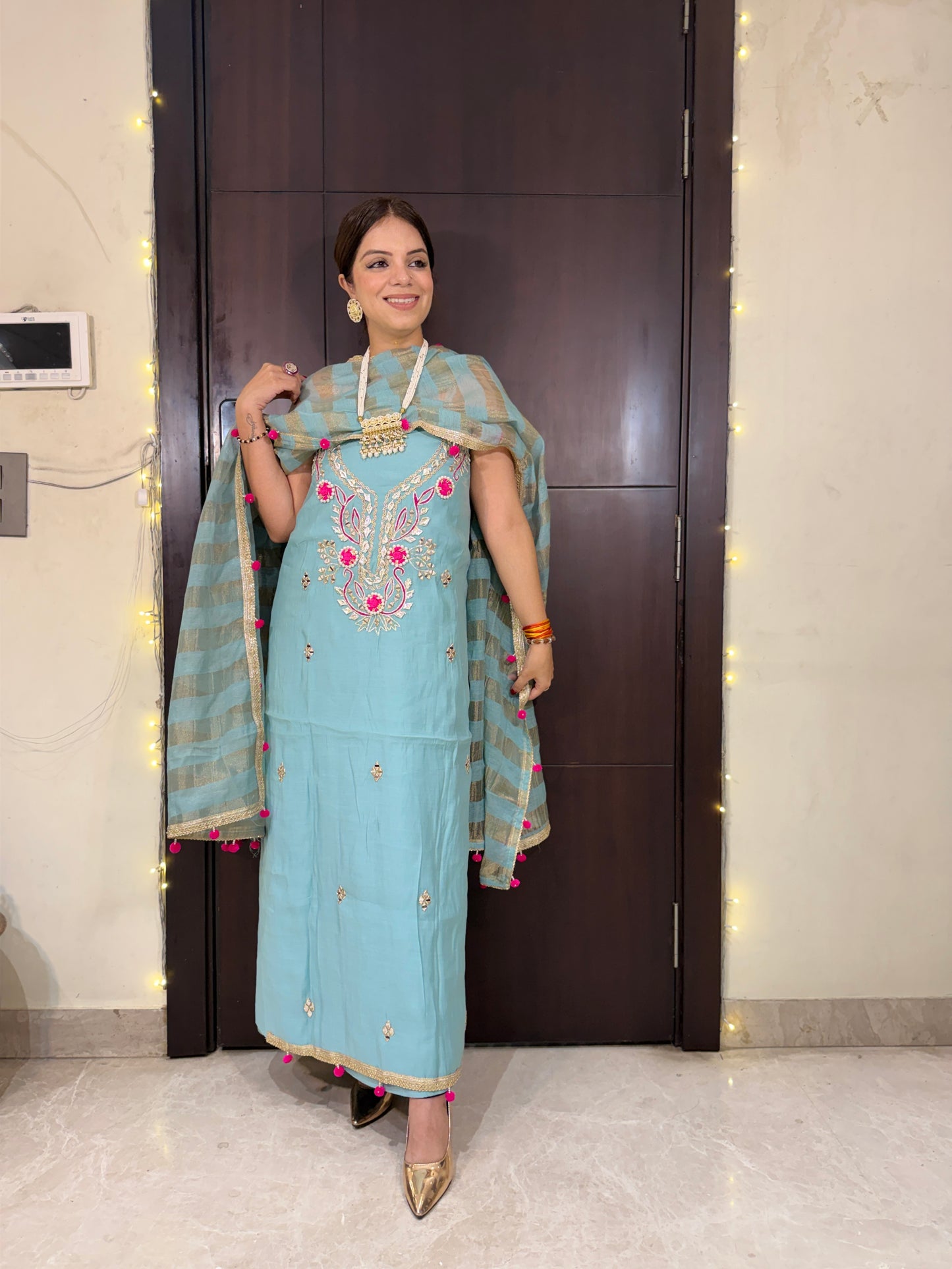 GULBAHAR –  Gota Patti & Pearl Work Unstitched Suit with Striped Dupatta