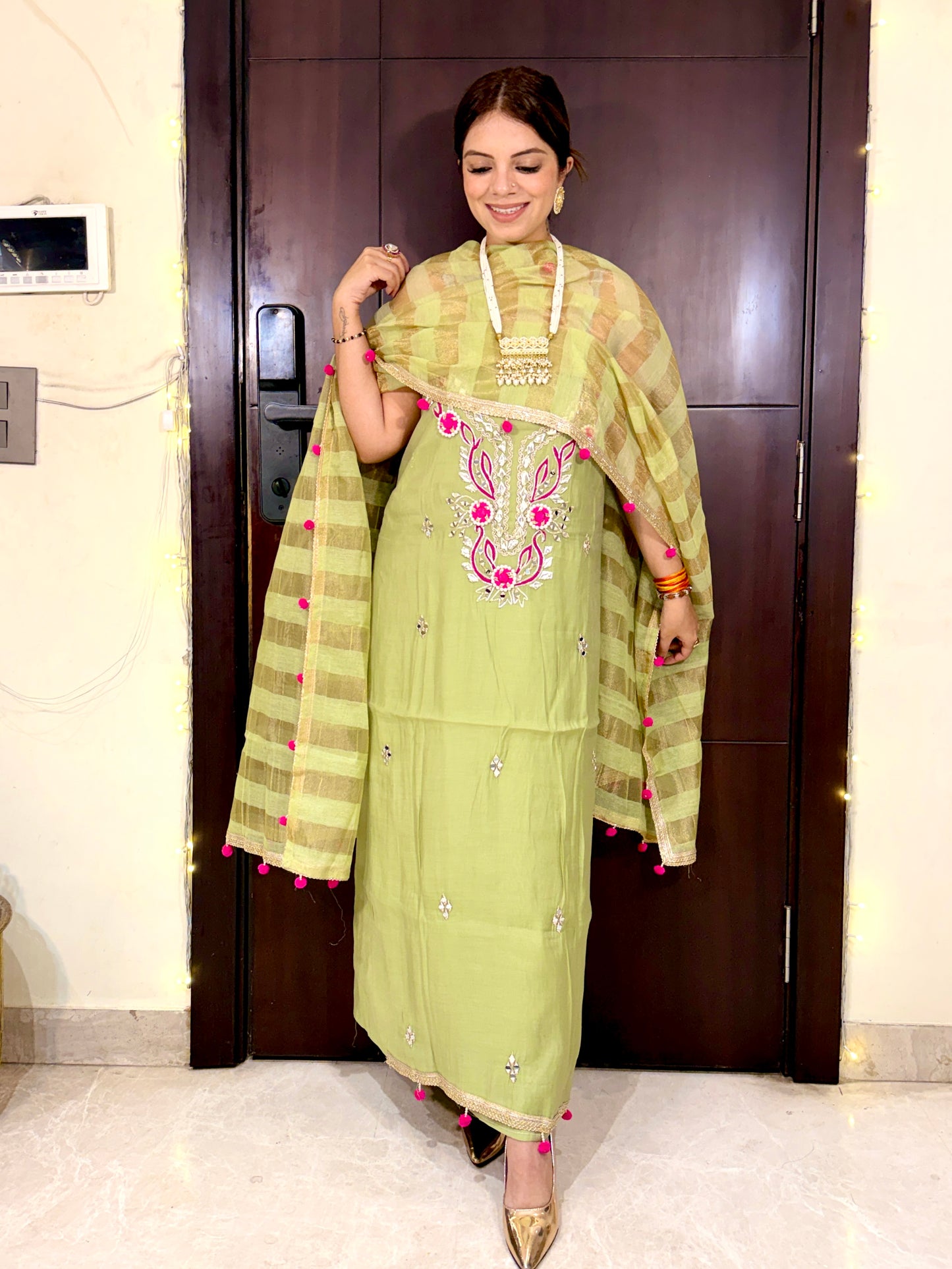GULBAHAR –  Gota Patti & Pearl Work Unstitched Suit with Striped Dupatta
