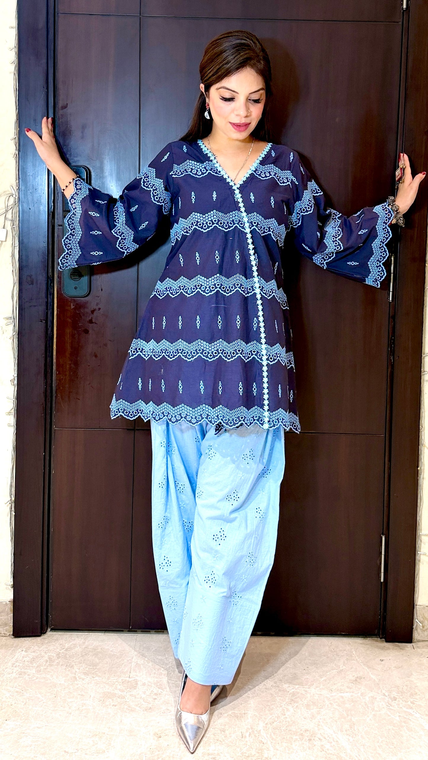 Denim Daze – Denim Blue Chikankari Indo-Western Kurta Set with Farshi Salwar