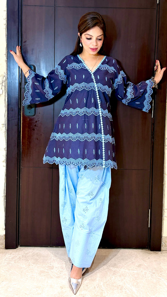 Denim Daze – Denim Blue Chikankari Indo-Western Kurta Set with Farshi Salwar